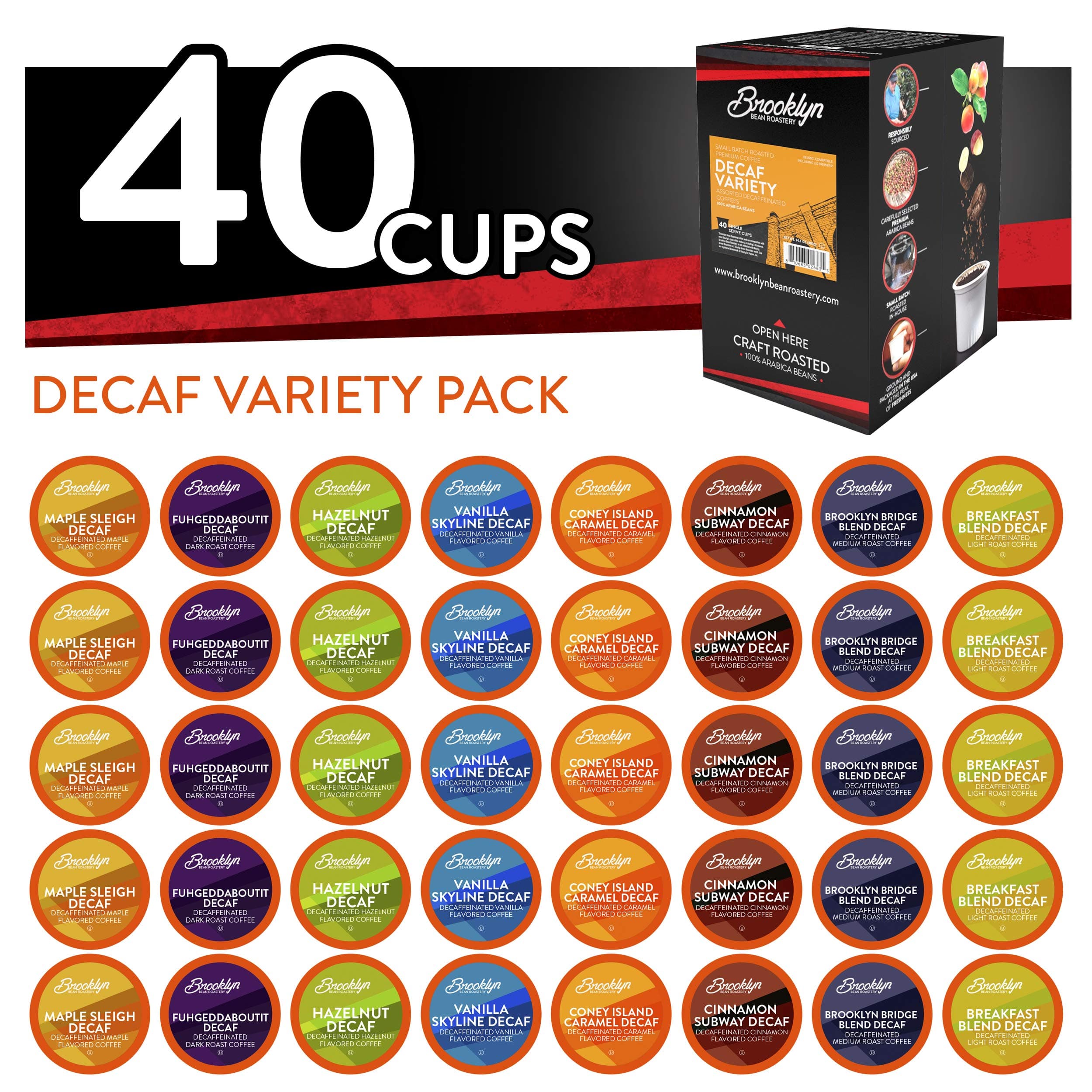 Brooklyn Beans Two Rivers Coffee Pods, Assorted Decaf Variety Pack - Compatible with Keurig K Cup Brewers Including 2.0 Makers, 40 Count, Perfect for Decaf Lovers