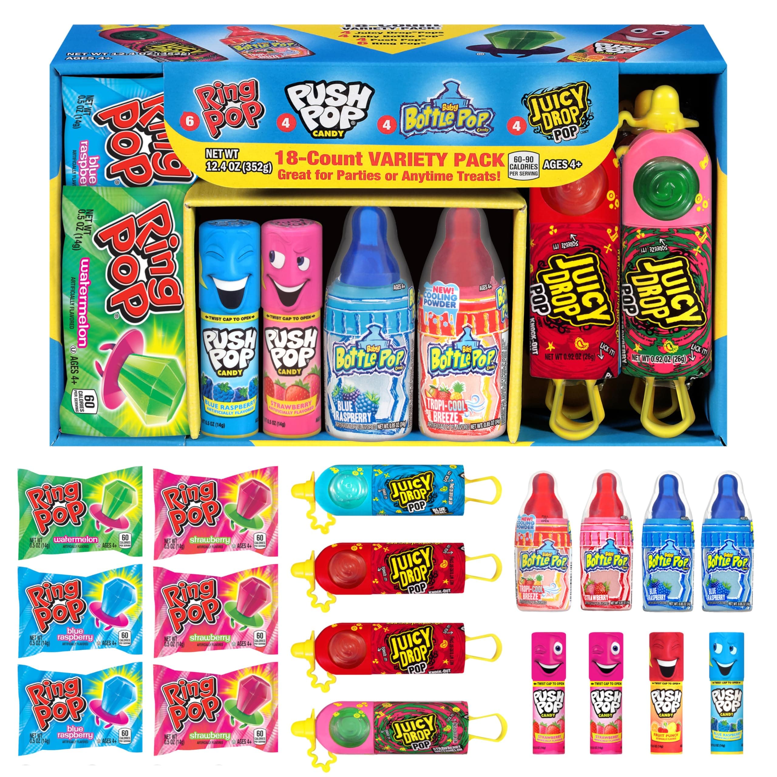 Candy Variety Pack, 18 Count Assorted Lollipops, Bulk Individually Wrapped Ring Pop, Push Pop, Baby Bottle Pop & Juicy Drop, Ideal for Birthdays, Party Favors for Kids & Hard Candy Gifts