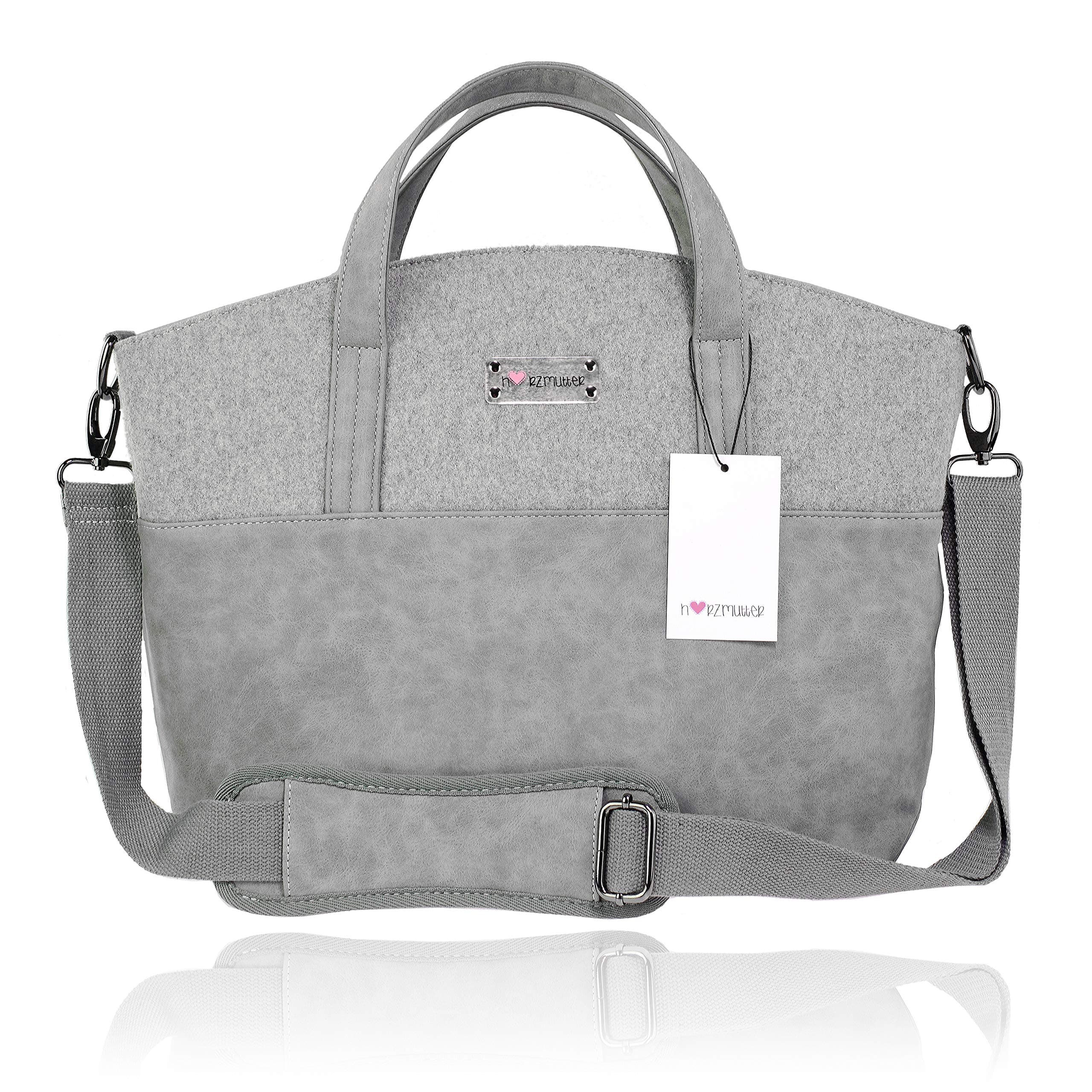 Herzmutter spacious nappies bag, pram bag including waterproof changing bag for on the go use, and universal attachment hook for the pram, in black, dark grey, light grey (4000)