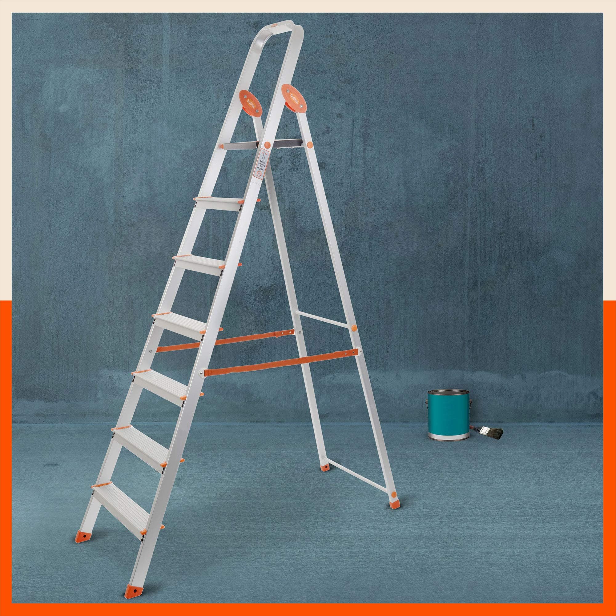 Bathlaadvance carbon - 7 step foldable aluminium ladder for home with scratch resistant smart platform and sure-hinge technology (orange)