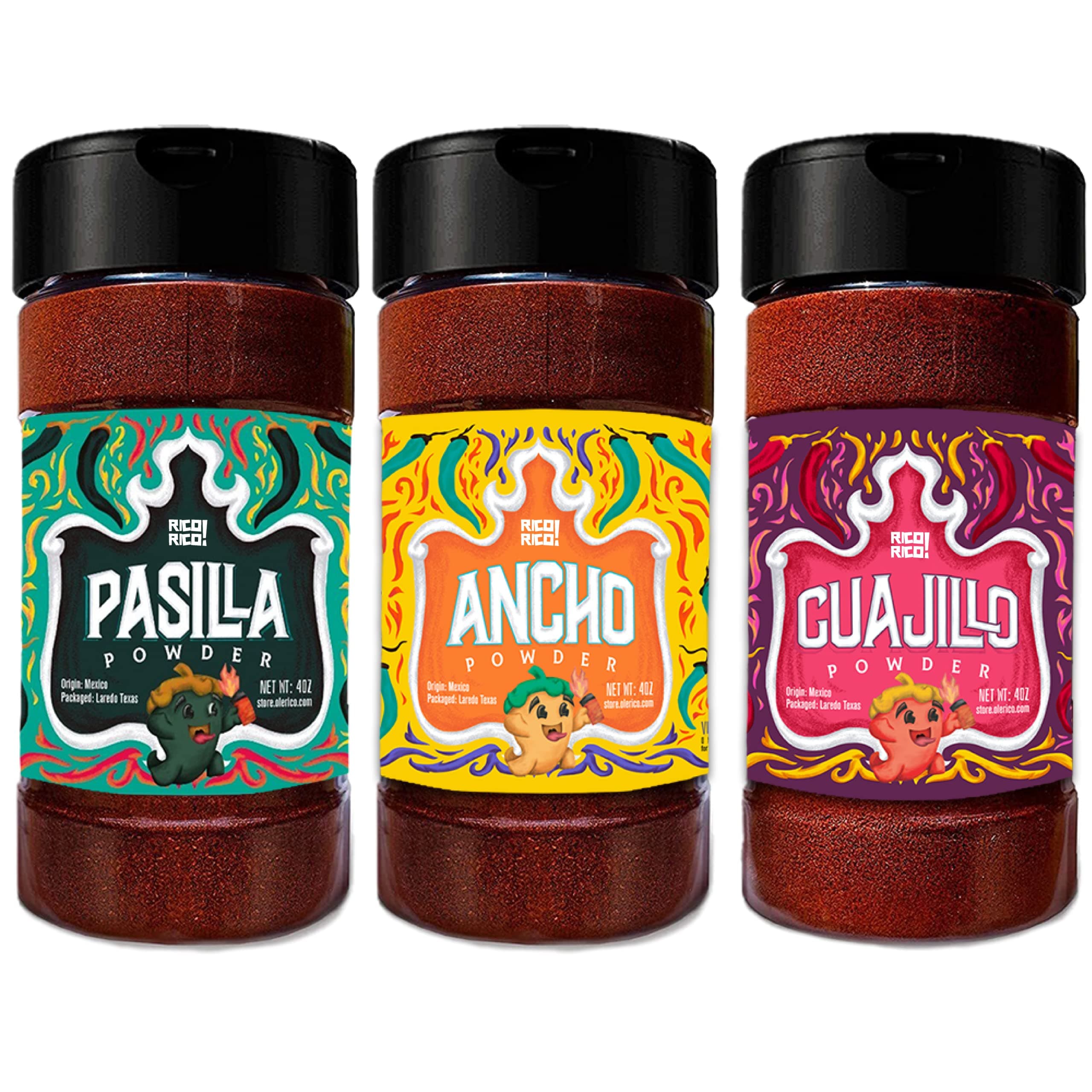 RICO RICO Chile Powder 3 Pack Bundle (12 oz Total) Includes: Guajillo Chili Powder, Ancho Chili Powder Spice, and Pasilla Chili Powder - The Holy Trinity of Chiles - Great Mexican Spices Packaged In Reusable Shakers