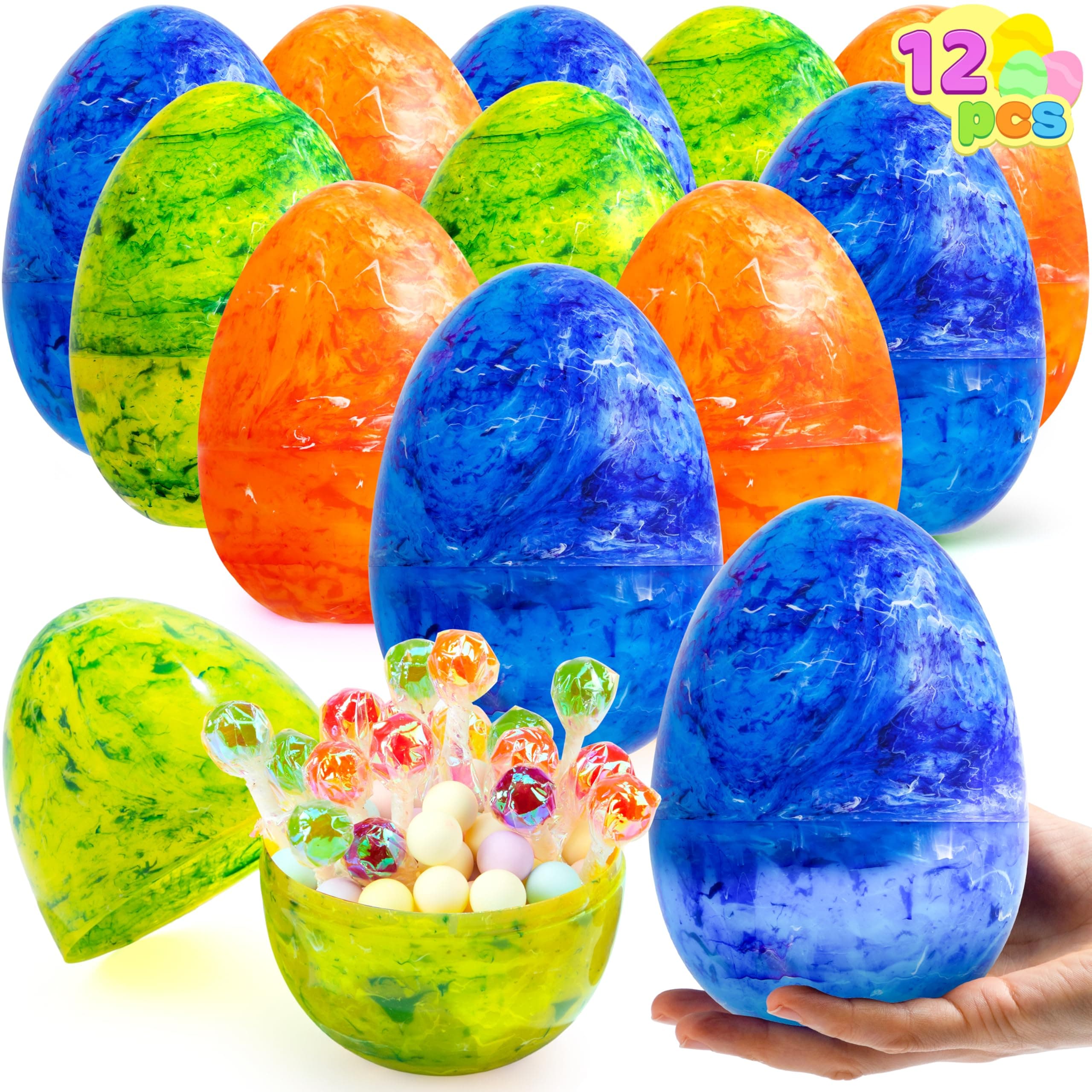 JOYIN 12 Pcs Large Marble Easter Eggs, 6 Inches Jumbo Plastic Eggs Fillable for Easter Themed Hunt Basket Stuffers Fillers Filling Treats Party Favor Classroom Prize Supplies