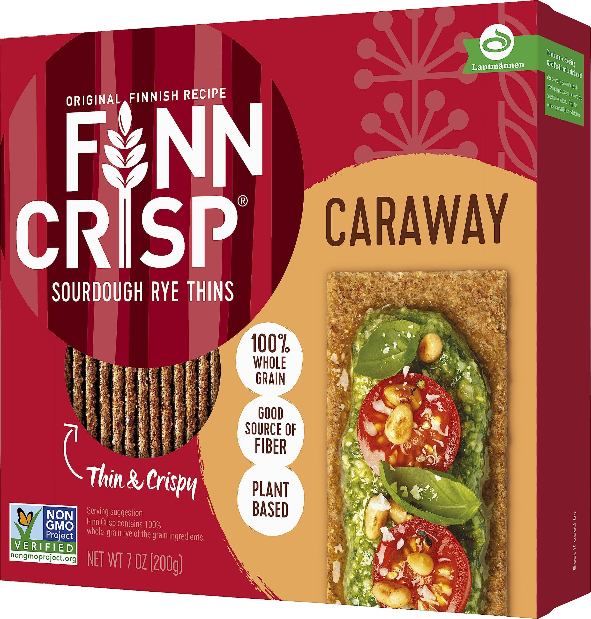 Rye Crispbread with Caraway 7oz | Thin, Crispy Rye Flatbreads with Caraway | Authentic Finnish Sourdough Crispbread | Crackers by Finn Crisp [7oz Box]