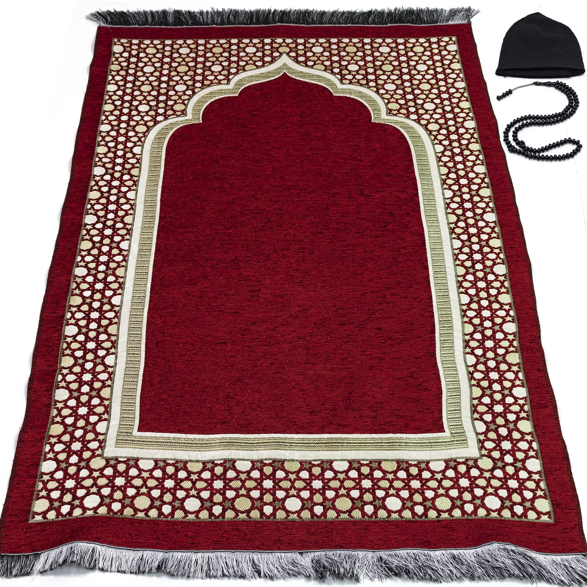 Modefa Turkish Islamic Prayer Mat - Thin Woven Chenille Praying Rug Carpet for Men and Women - Traditional Muslim Janamaz Sajada - Ramadan or Eid Gift - with Kufi Cap & Beads - Selcuk Star (Red)
