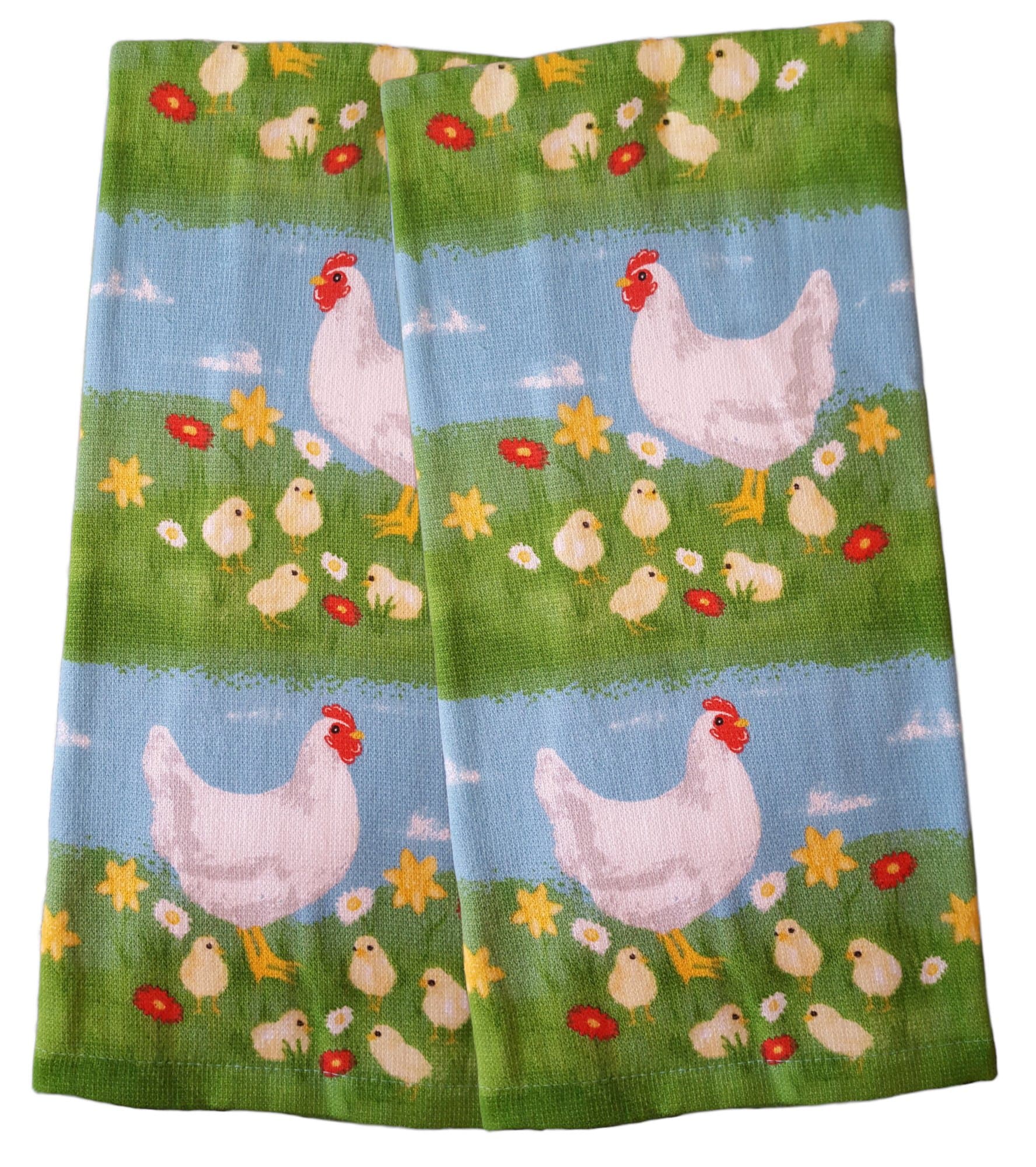 Set of 2 Easter Spring Decorative 100% Cotton Kitchen Towels (Country Farmyard Rooster Chicks)