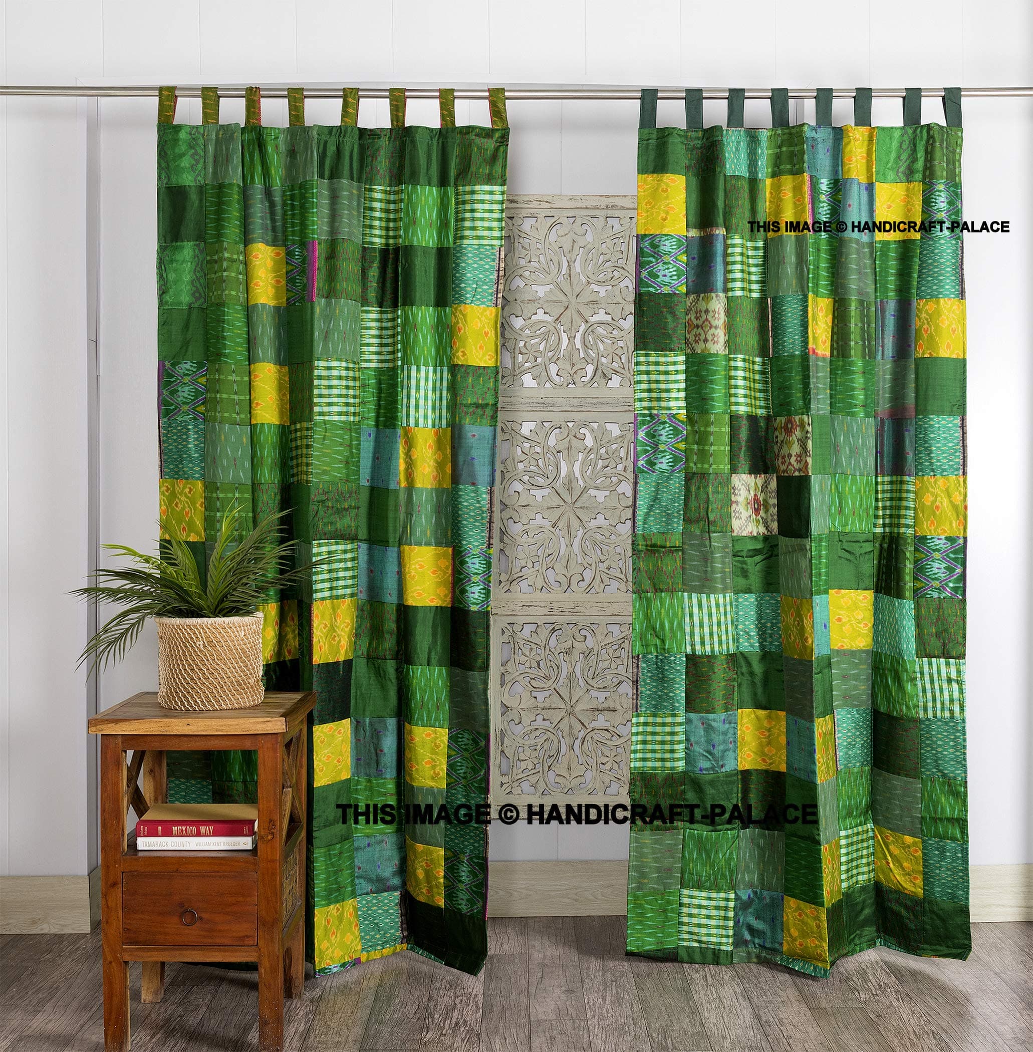 Ravaiyaa - Attitude is everything Handmade Patchwork Designer Curtains Vintage Silk Saree Window Door Decor Curtains (Green)