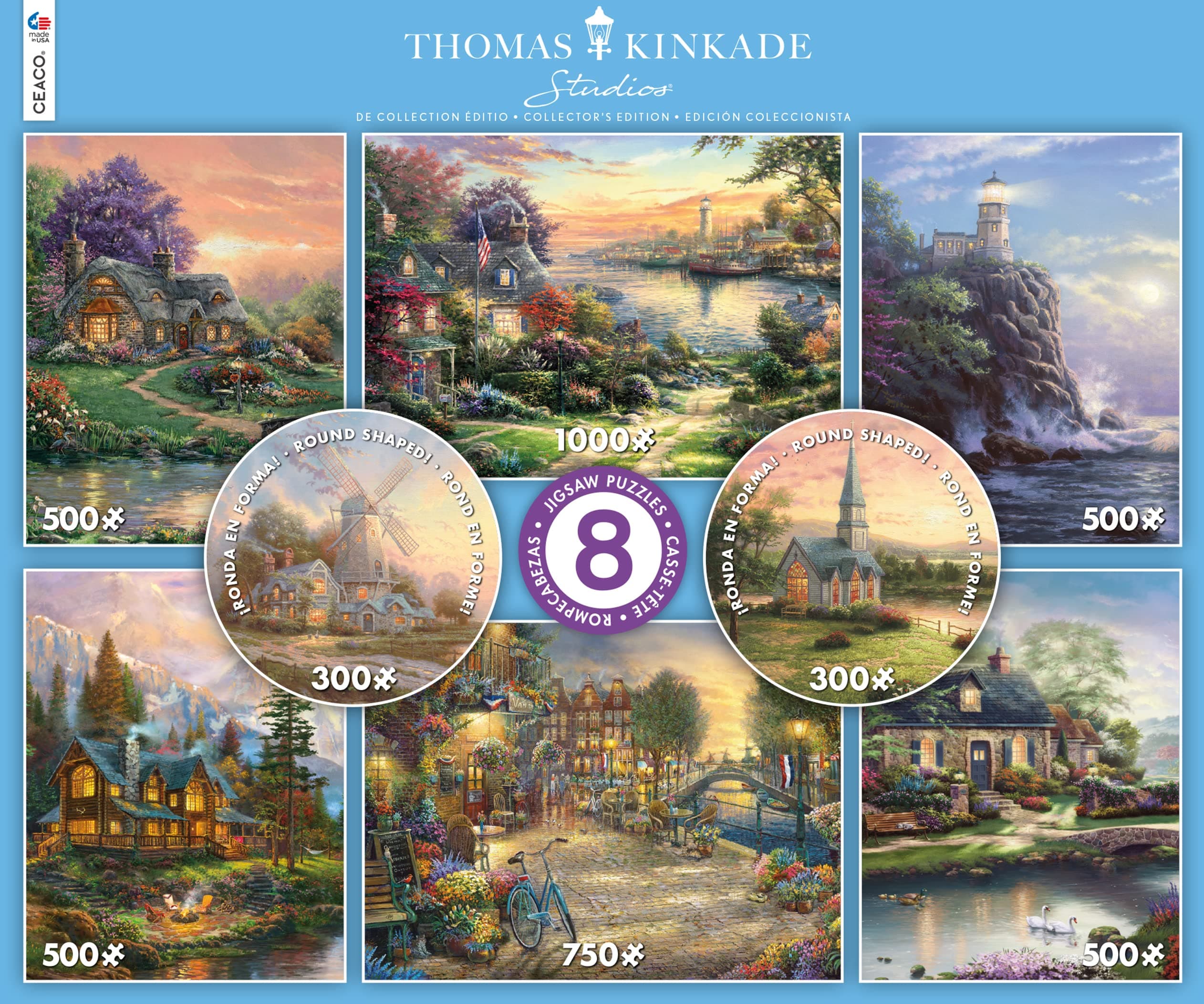 CeacoThomas Kinkade - 8 in 1 Multipack - (2) Round 300 Piece, (4) 550 Piece, (1) 750 Piece (1) 1000Piece Jigsaw Puzzle