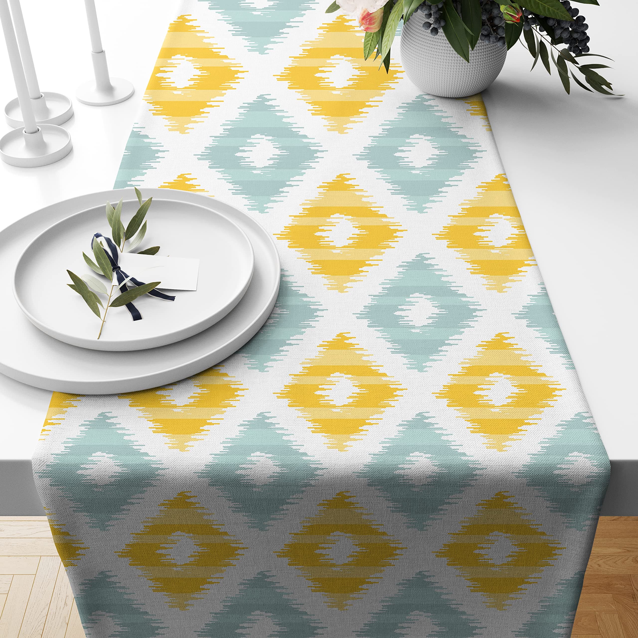 STITCHNEST Ikat Yellow Teal Printed Poly Cotton Table Runner and Bed Runner (13 x 60 Inches )