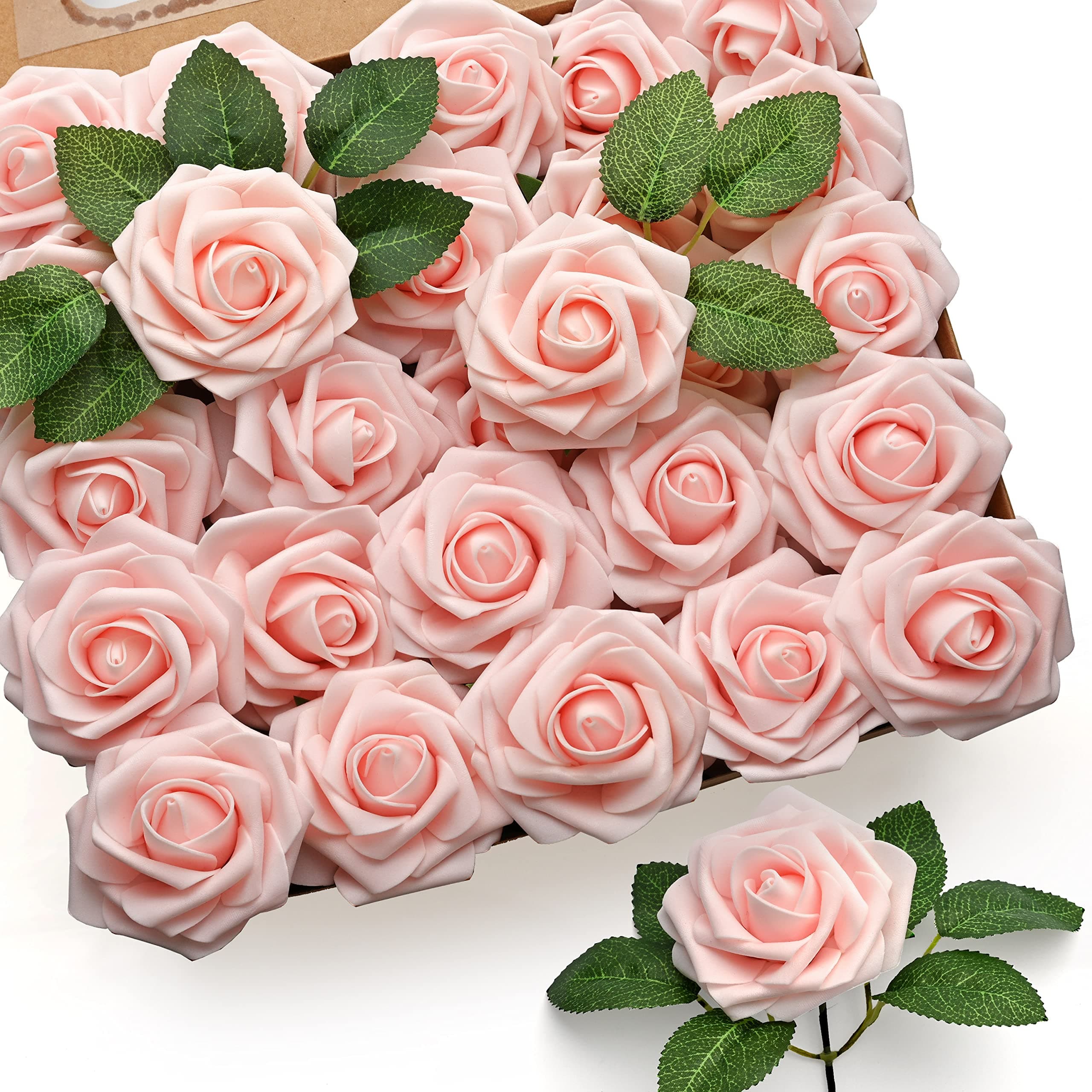 50Pcs Artificial Roses Flowers, Blush Pink Roses Artificial Flowers Foam Fake Roses with Stem for Wedding Bridal Bouquets Party Centerpieces Artificial Flowers Crafts DIY Home Decoration