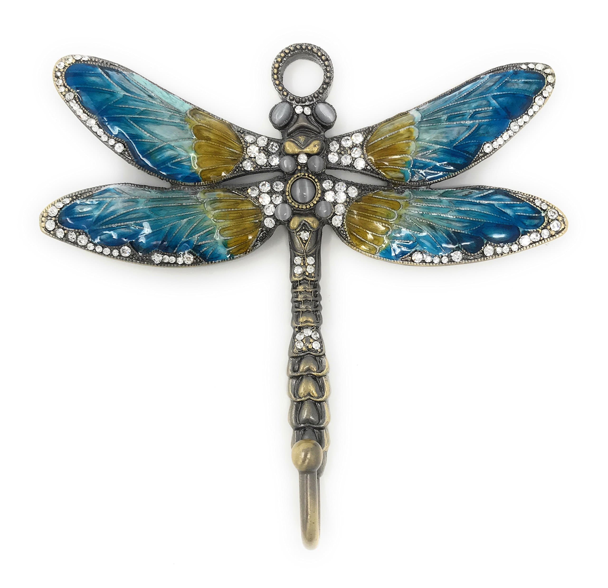 Enameled Pewter Blue Dragonfly Wall Hook, Accented with Austrian Crystals