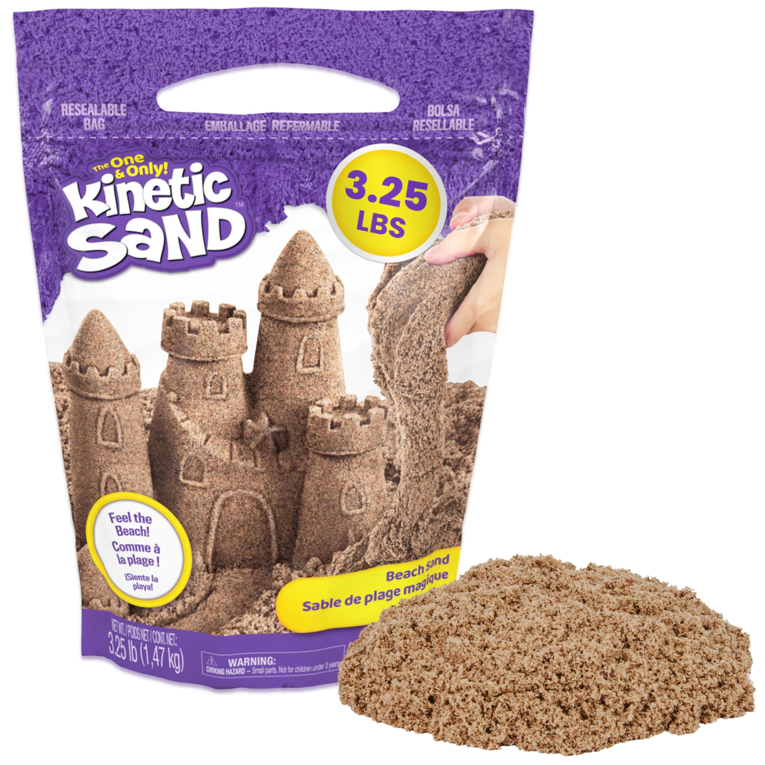 Kinetic Sand, 3.25lbs Beach Play Sand, Amazon Exclusive, Moldable Sensory Toys for Kids, Resealable Bag (Packaging May Vary), for Ages 3 and up