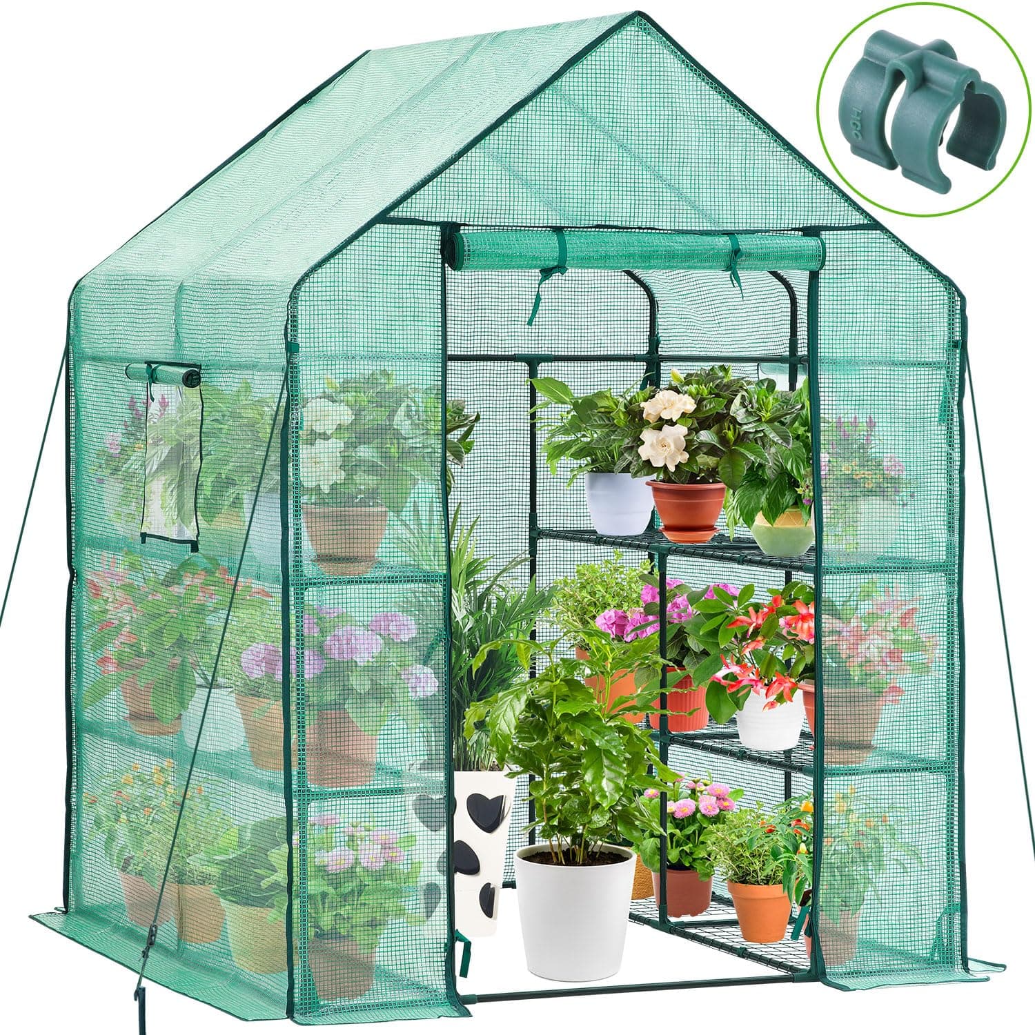 Ohuhu Greenhouse with Shelves for Outdoor, Walk in Green House Plastic Greenhouses with 12 Shelves, Heavy Duty Plant Growhouse with Ground Pegs & Ropes for Stability 145x145x195 cm