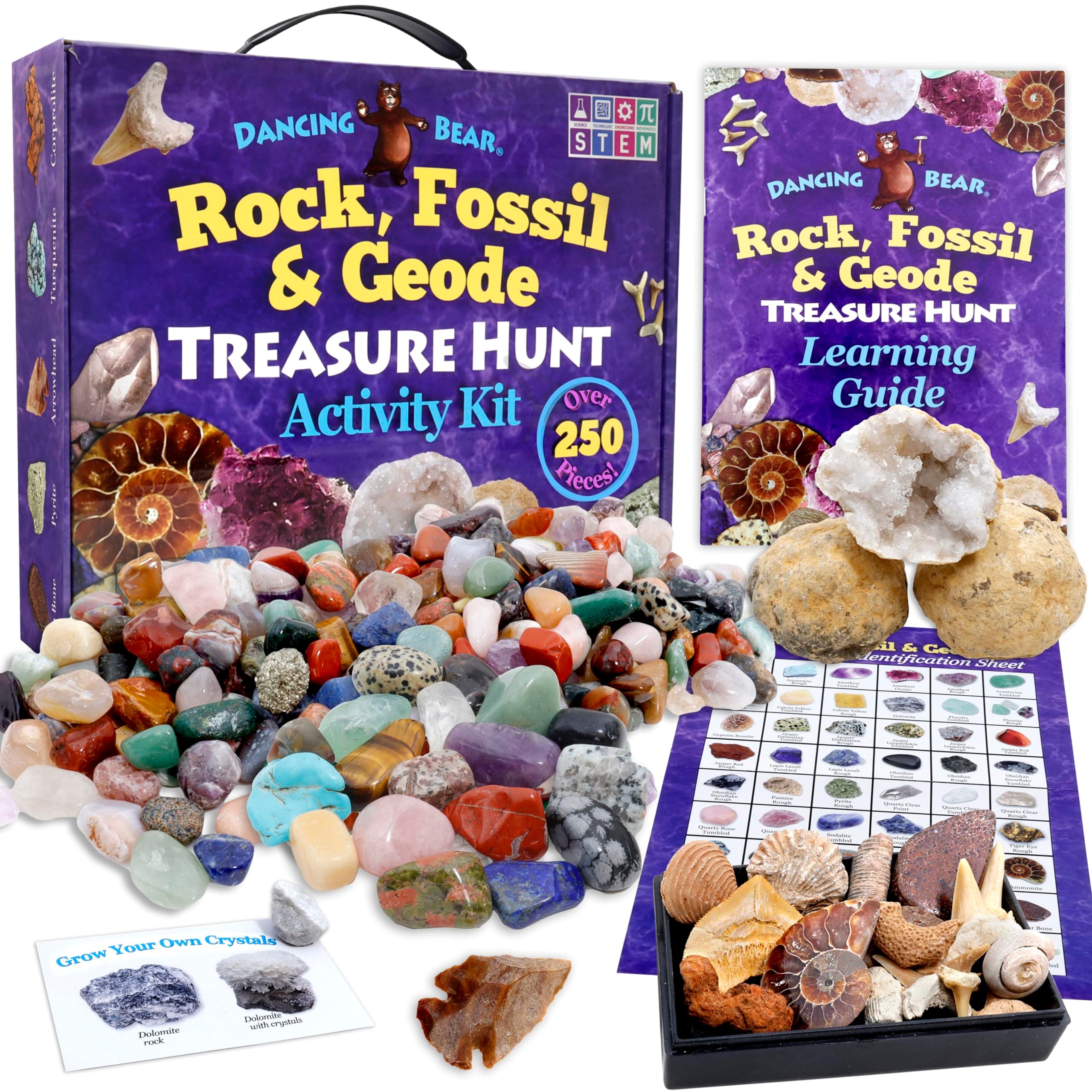 Rock & Mineral Collection Kit With 2 Easy Break Geodes Activity Kit With Over 200+Pcs Comes With Identification Sheet Educational Discovery Treasure Kit Sort, Find, Identify