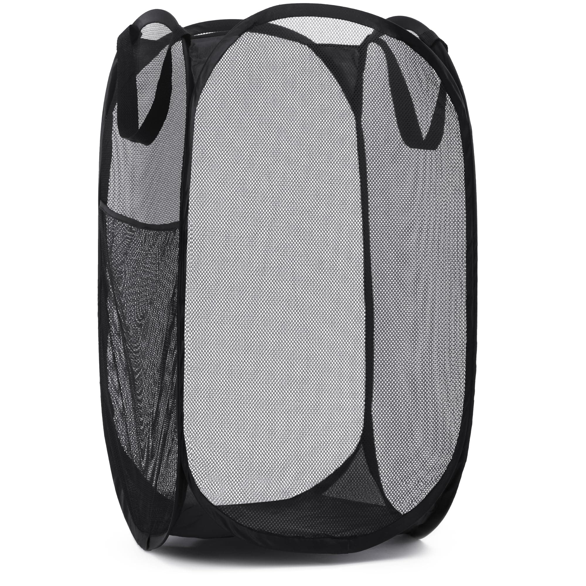 Handy Laundry Collapsible Mesh Pop Up Hamper with Wide Opening and Side Pocket - Breathable, Sturdy, Foldable, and Space-Saving Design for Clothes and Storage (Black)