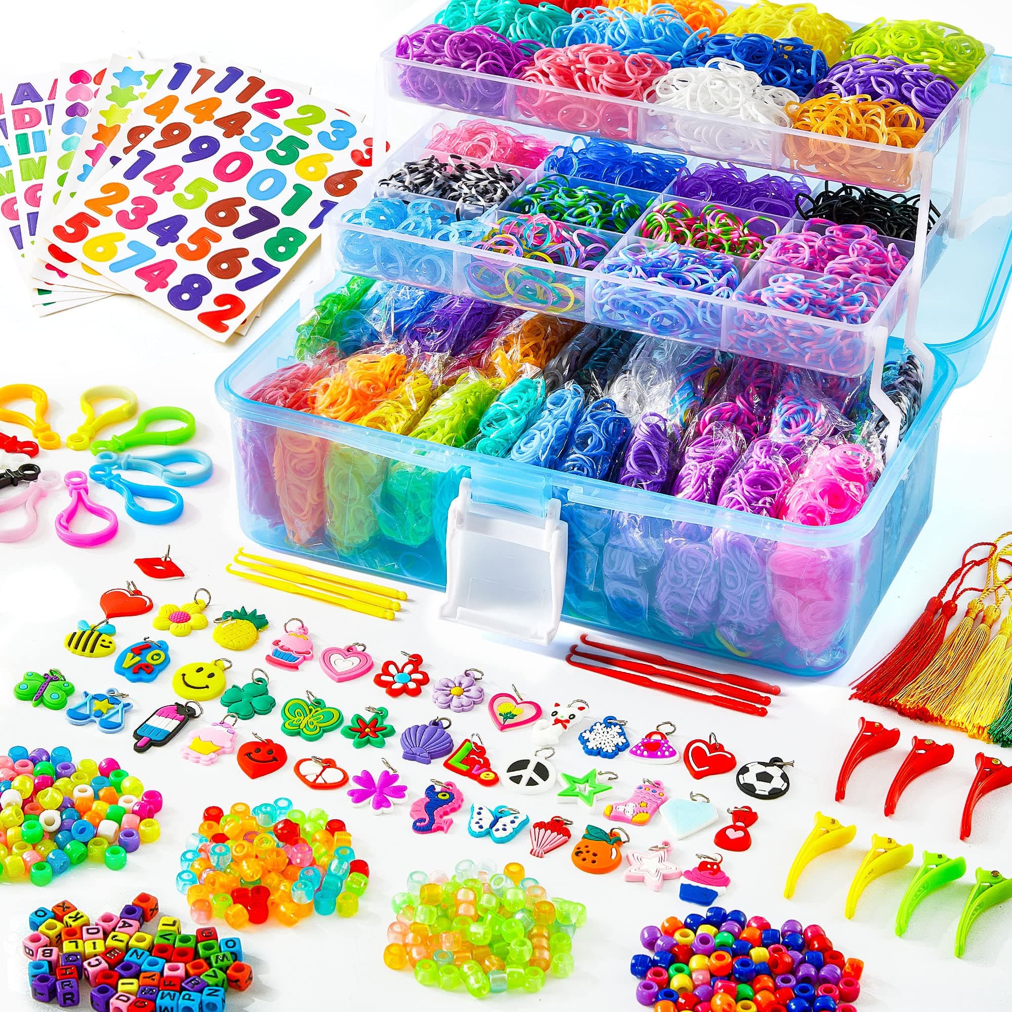 Inscraft 17500+ Rubber Loom Bands with 3 Layer Blue Container, 28 Colors, 600 S-Clips, 352 Beads, 5 Y Looms, 40 Cartoon Pendant, Bracelet Making Refill Kit for Kids