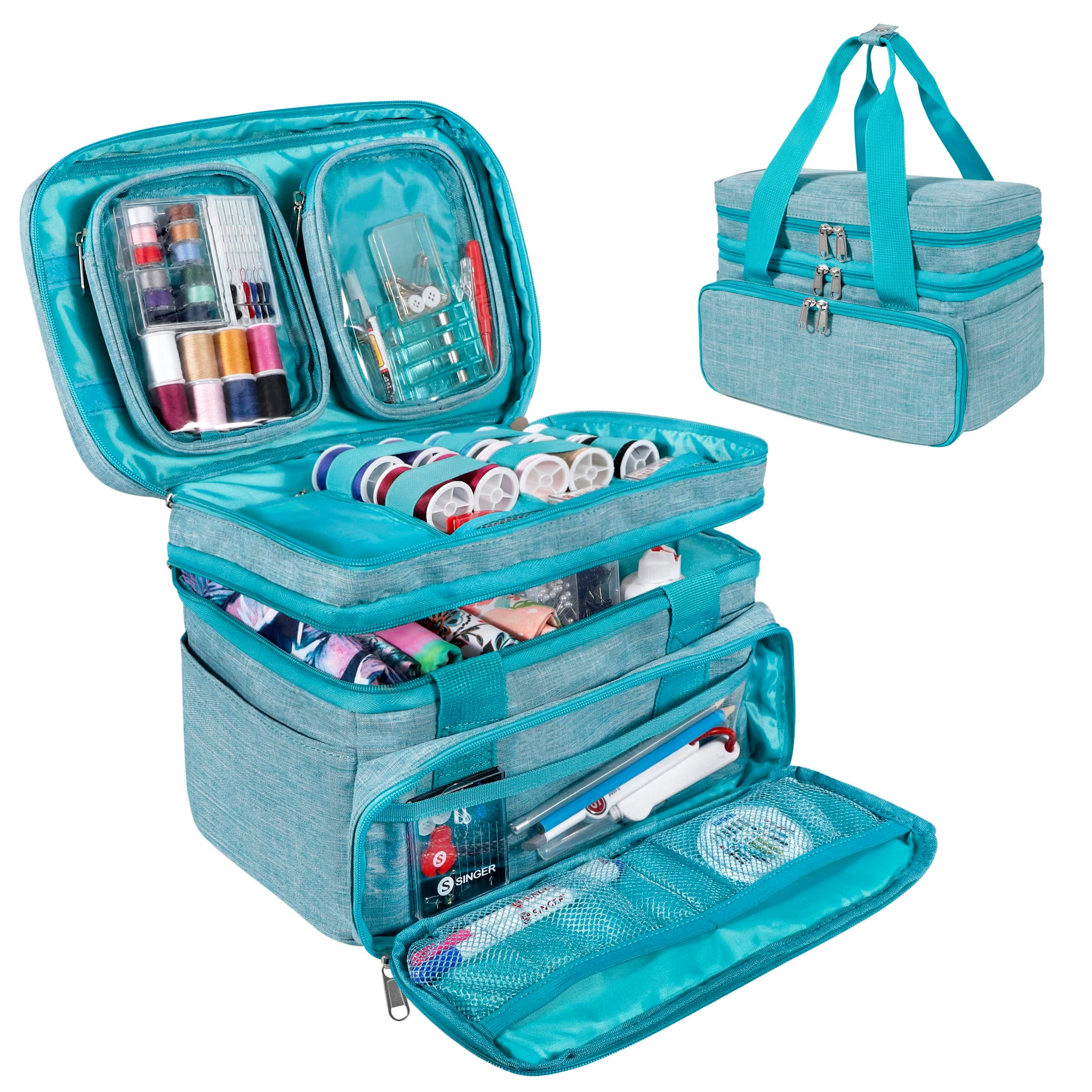 SINGER Sewing Accessories Organizer (Bag Only) – Double Layer Portable Sewing Storage Bag | 2 Detachable Pouches and 18 Compartments, Large Sewing Supplies & Crafting Carry-all (Teal)