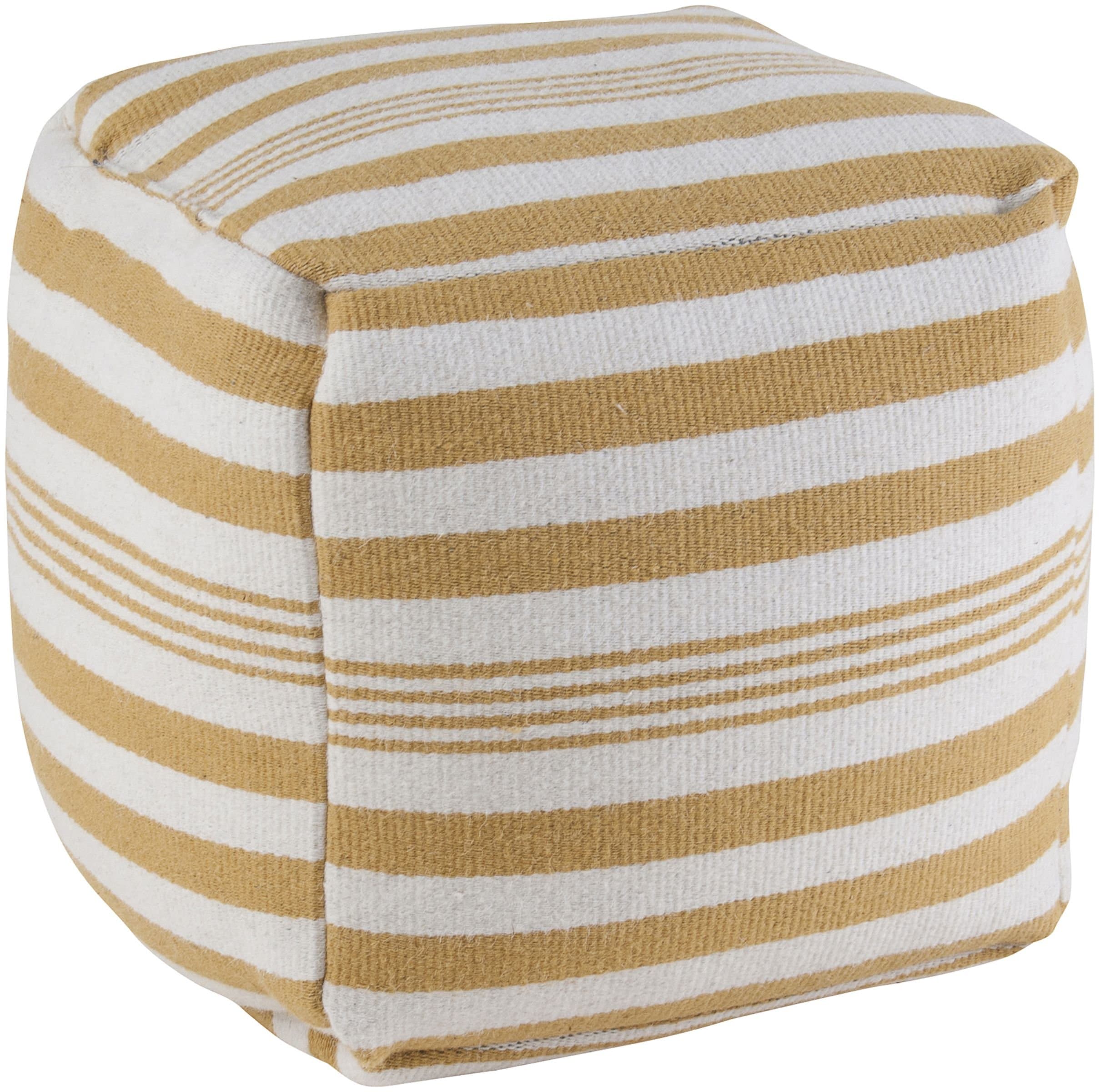 Rizzy Home Striped Wool Pouf, Yellow/White