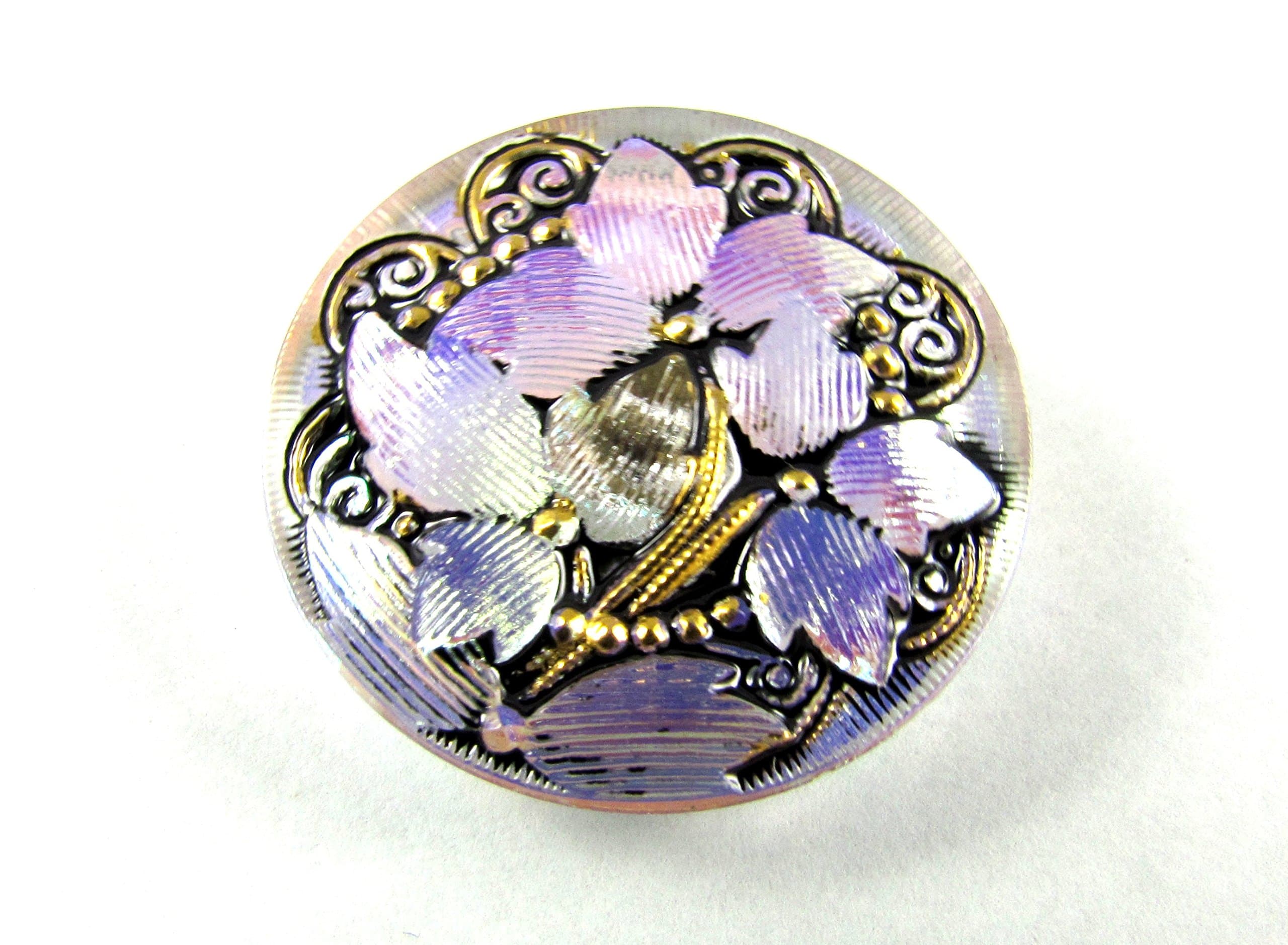 1 pc Hand Made Art Czech Glass Button, Size 12, 1.06 inch (27mm), Flower Magic Crystal AB-Violet
