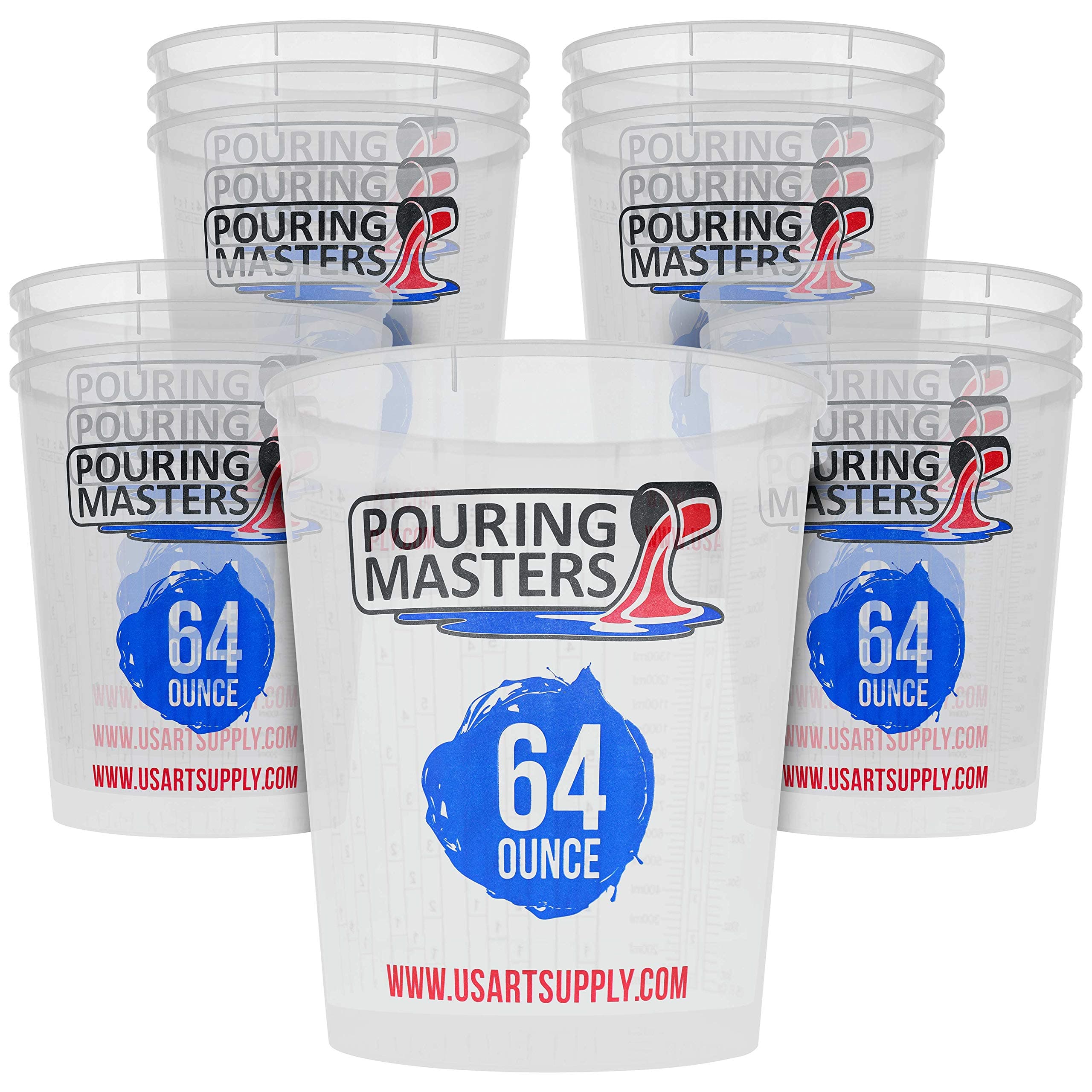 Pouring Masters64 Ounce (2000ml) Graduated Plastic Mixing Cups (Box of 12) - Paint Mixing Cups for Epoxy Resin, Art, Kitchen, Baking - Measurements in OZ and ML, 4 Different Measuring Ratios 1:1