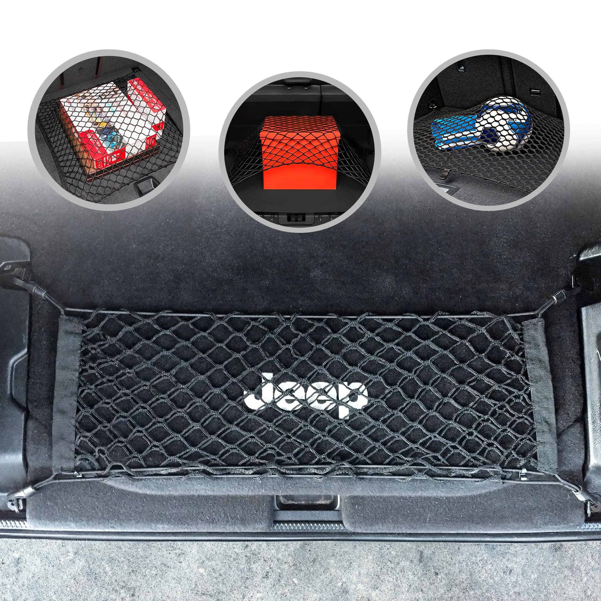 Floor Style Trunk Mesh Cargo Net Black for Jeep Wrangler 4xe 2 Door Only 2007-2025 - Car Accessories - Premium Trunk Organizer and Storage - Cargo Net for SUV - Vehicle Carrier Organizer