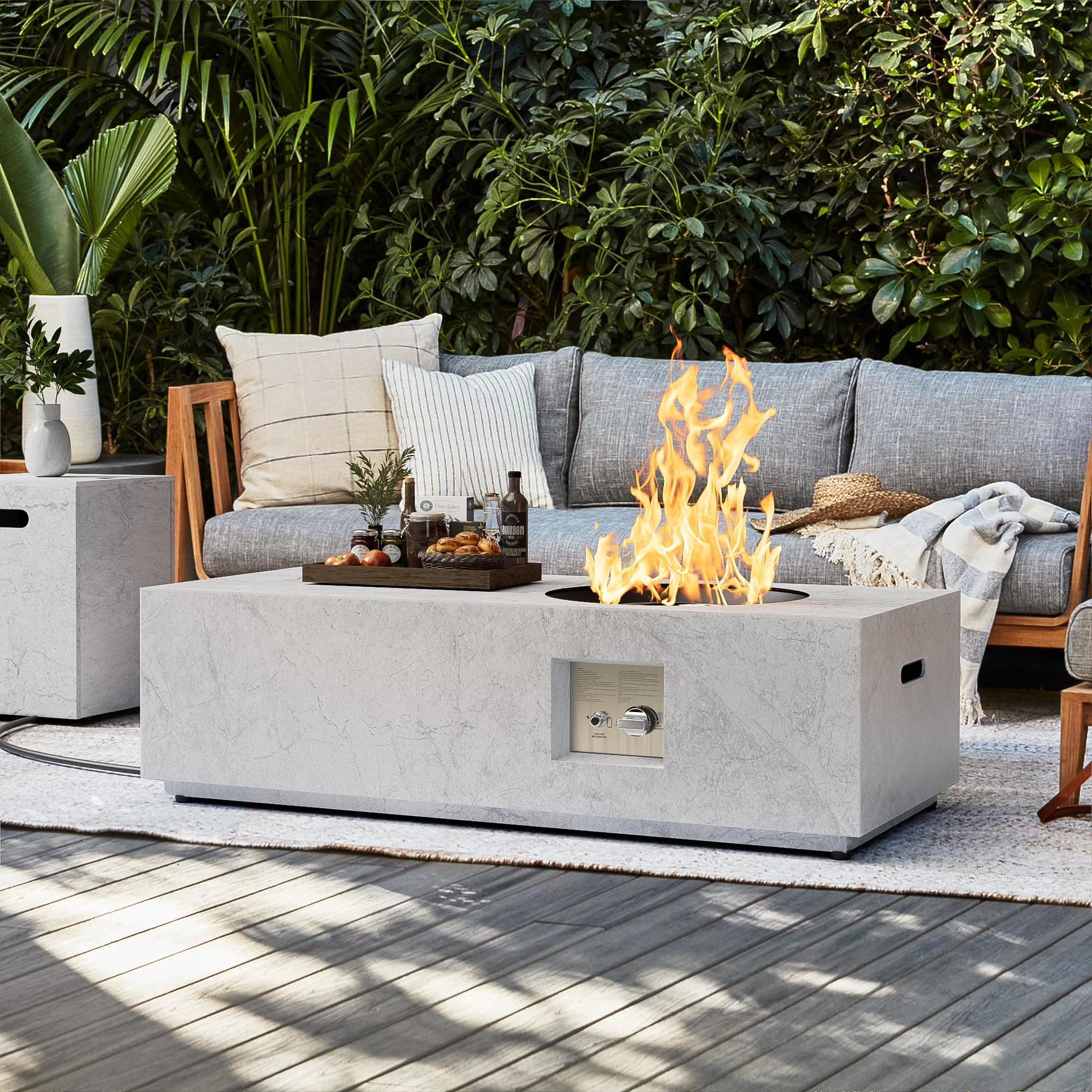 SUNPEAK 48" Stone-Look Propane Fire Pit with Round Burner – 50,000 BTU Fire Pit Table with Lid, Rocks, Cover and Tank Storage – Outdoor Fire Pit Propane (Stone-Look Marble, 48" Standard)