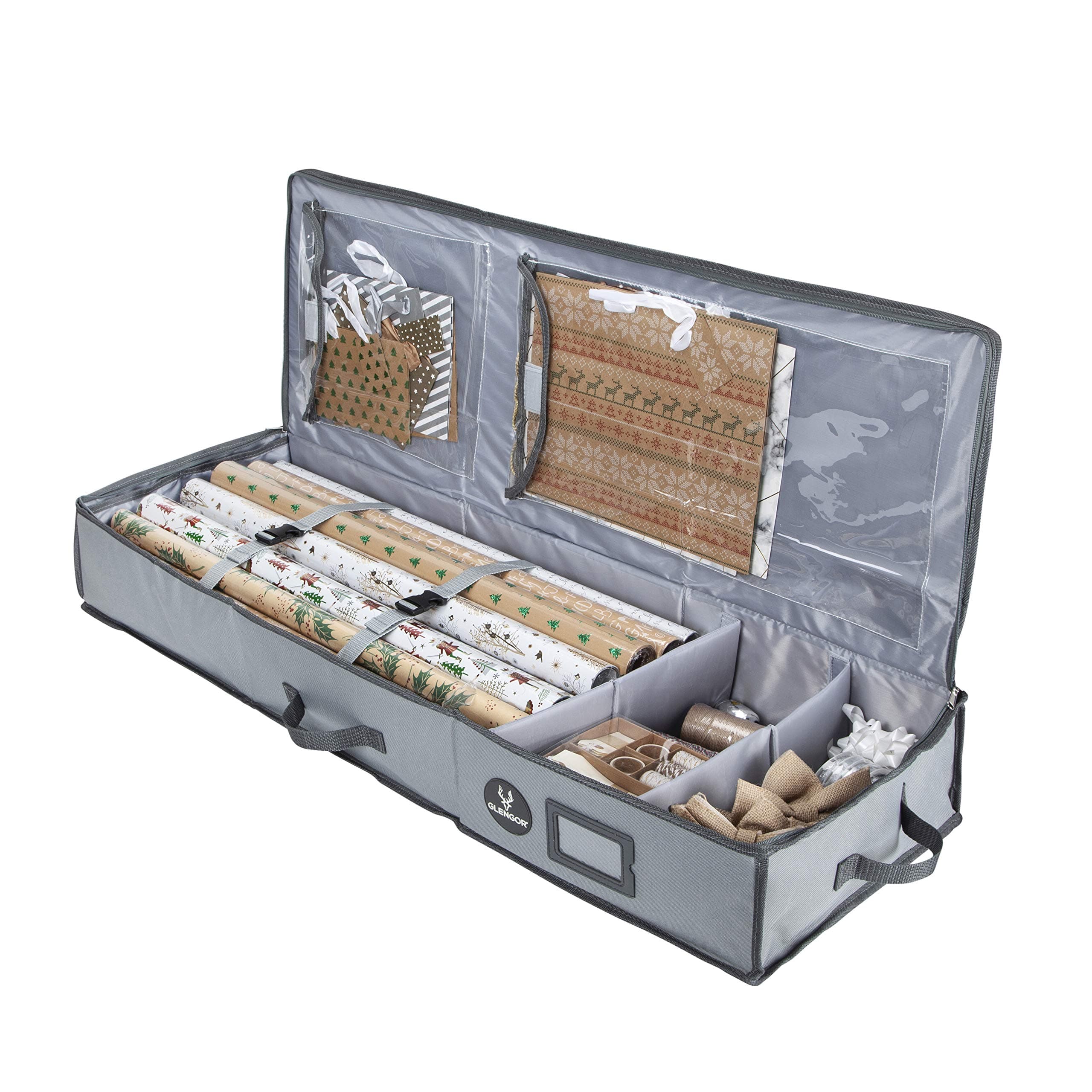 Glengor Premium Wrapping Paper Storage Bag | 24 Roll Capacity | Space for Cards, Bows, Ribbons etc | Christmas Decorations | Grey
