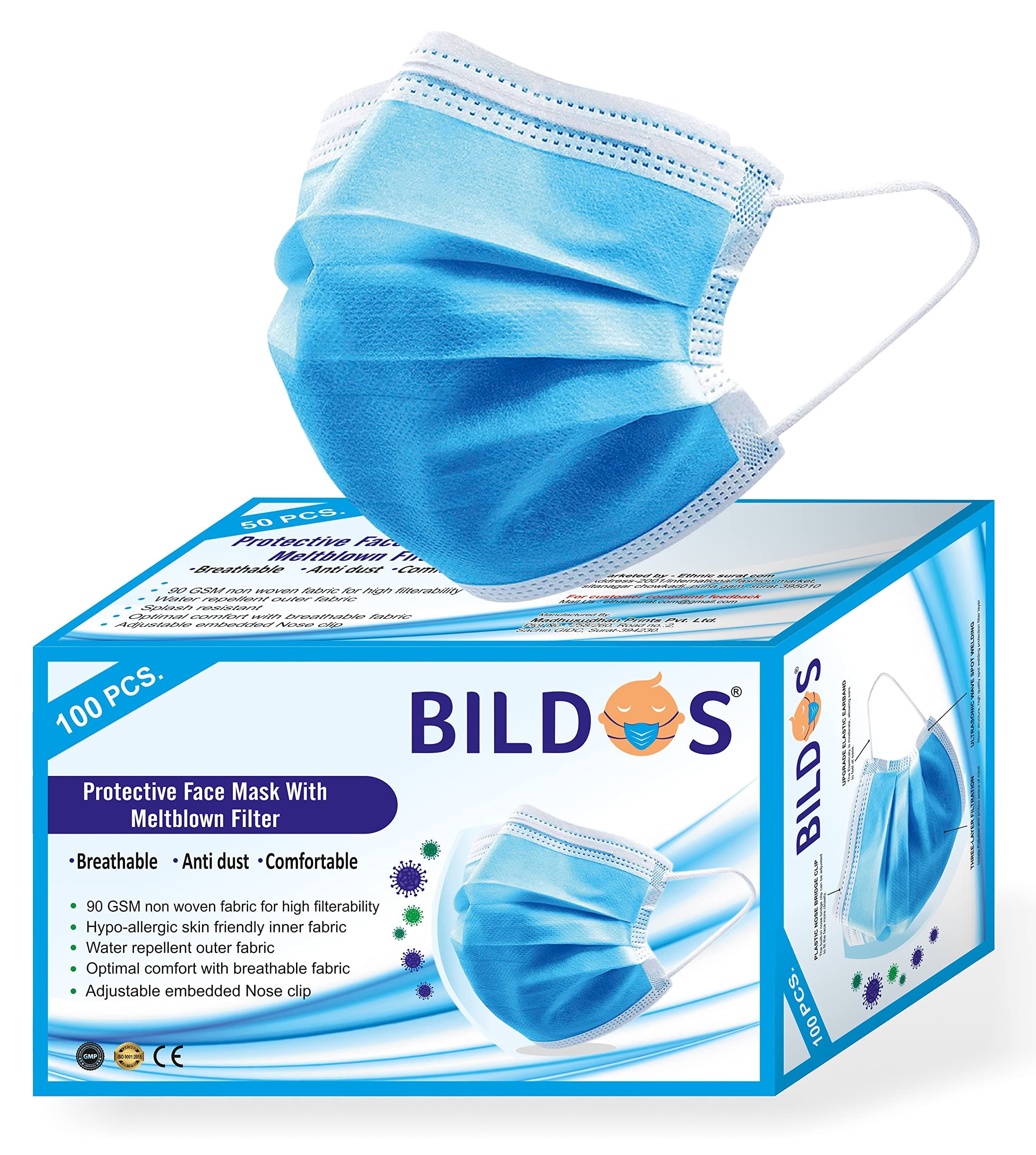 Melt-Blown Layer 100 Pieces Disposable Face Mask With In-built Nose Clip (Blue) For Men & Women