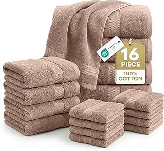 100% Mercerized Cotton Bathroom Towel Set - 16 Pieces - Fluffy, Super Soft & Highly Absorbent - 4 Bath Towels, 8 Washcloths, 4 Hand Towels - Ring Spun, Double Sided Cotton Terry - Taupe