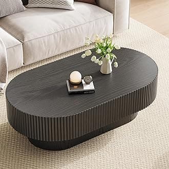 YOUDENOVA 43.7” Oval Coffee Table, Modern Wood Fluted Coffee Table for Living Room, Veneer Handcrafted Relief Center Table with Sturdy Pedestal，Easy Assembly - Black