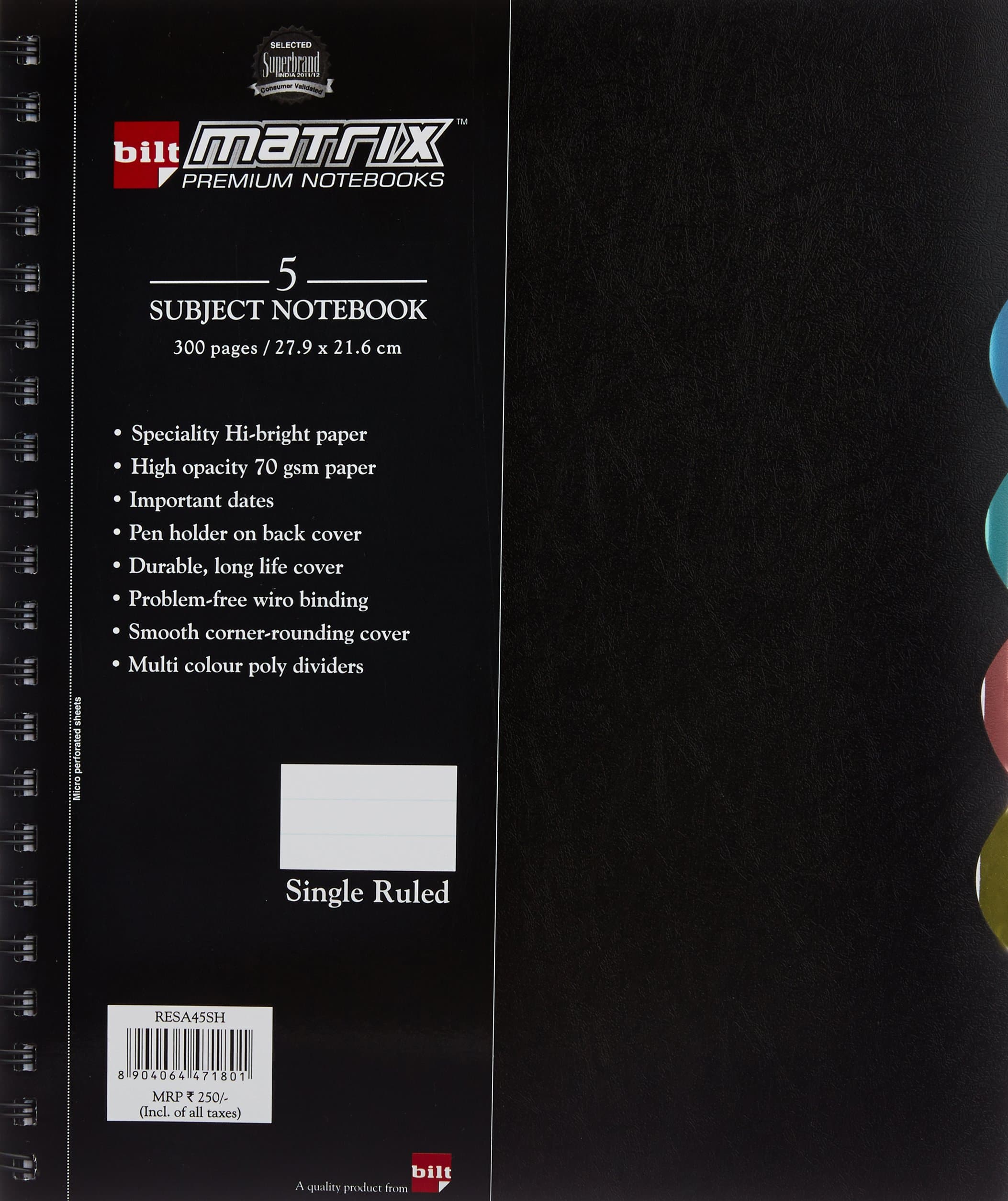 BILT Matrix Premium 5 Subject Notebook - A4, 70 GSM, 300 Pages, Single Ruled