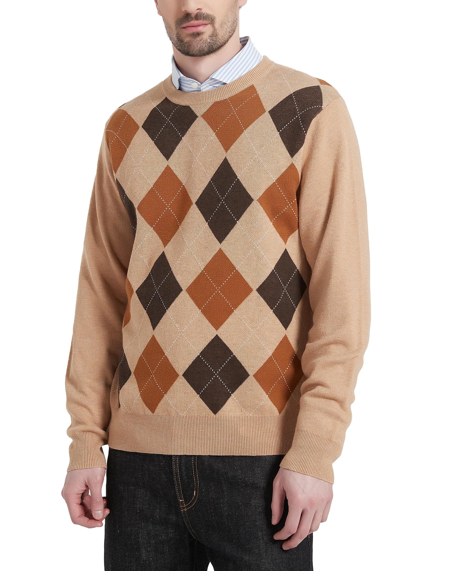 Men's Wool Blend Crewneck Sweater Argyle Long Sleeve Pullover Sweater for Casual Or Dressy Wear