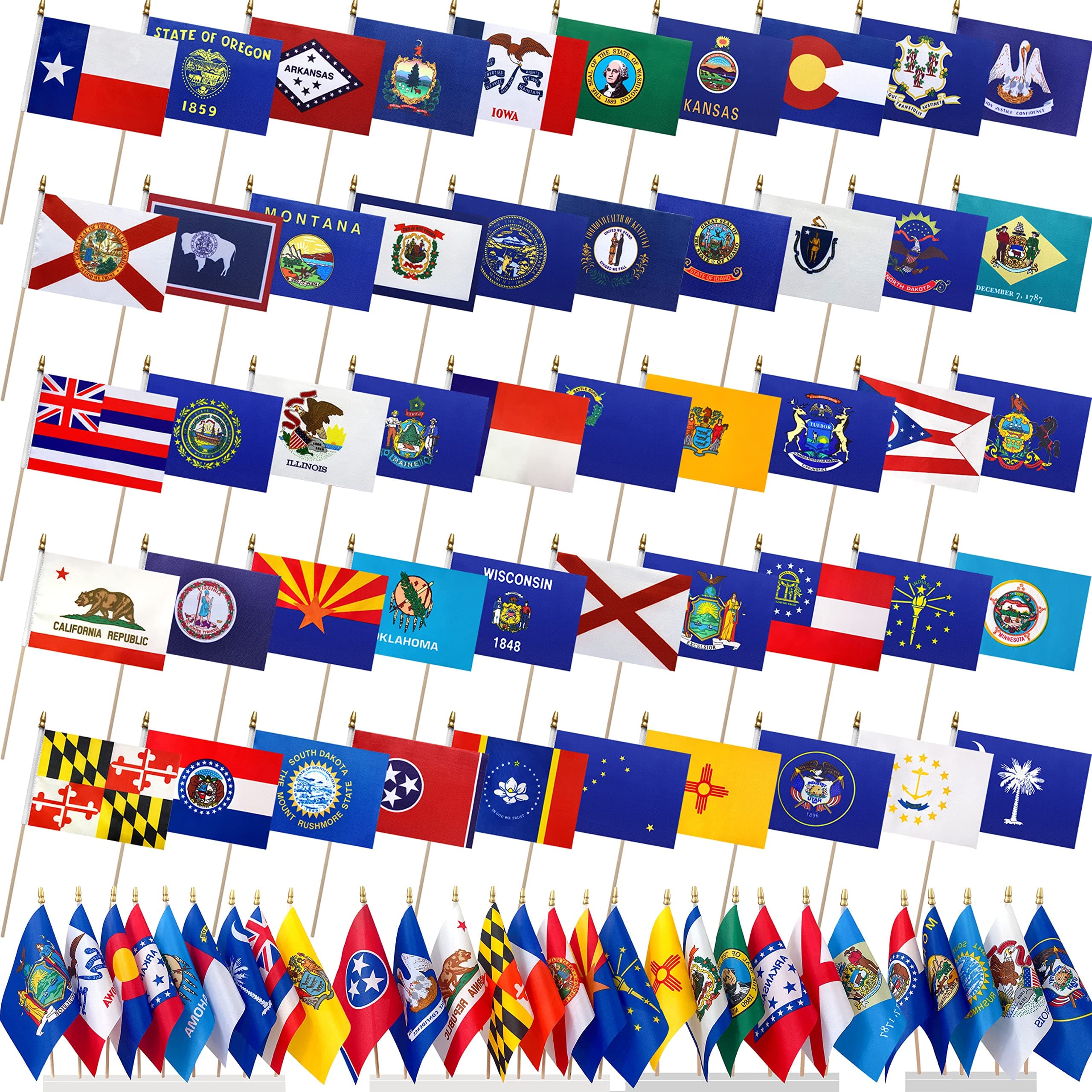 US 50 State Flags Set on Wood Stick Small Mini Hand Held Flags for Classroom,5x8 Inch