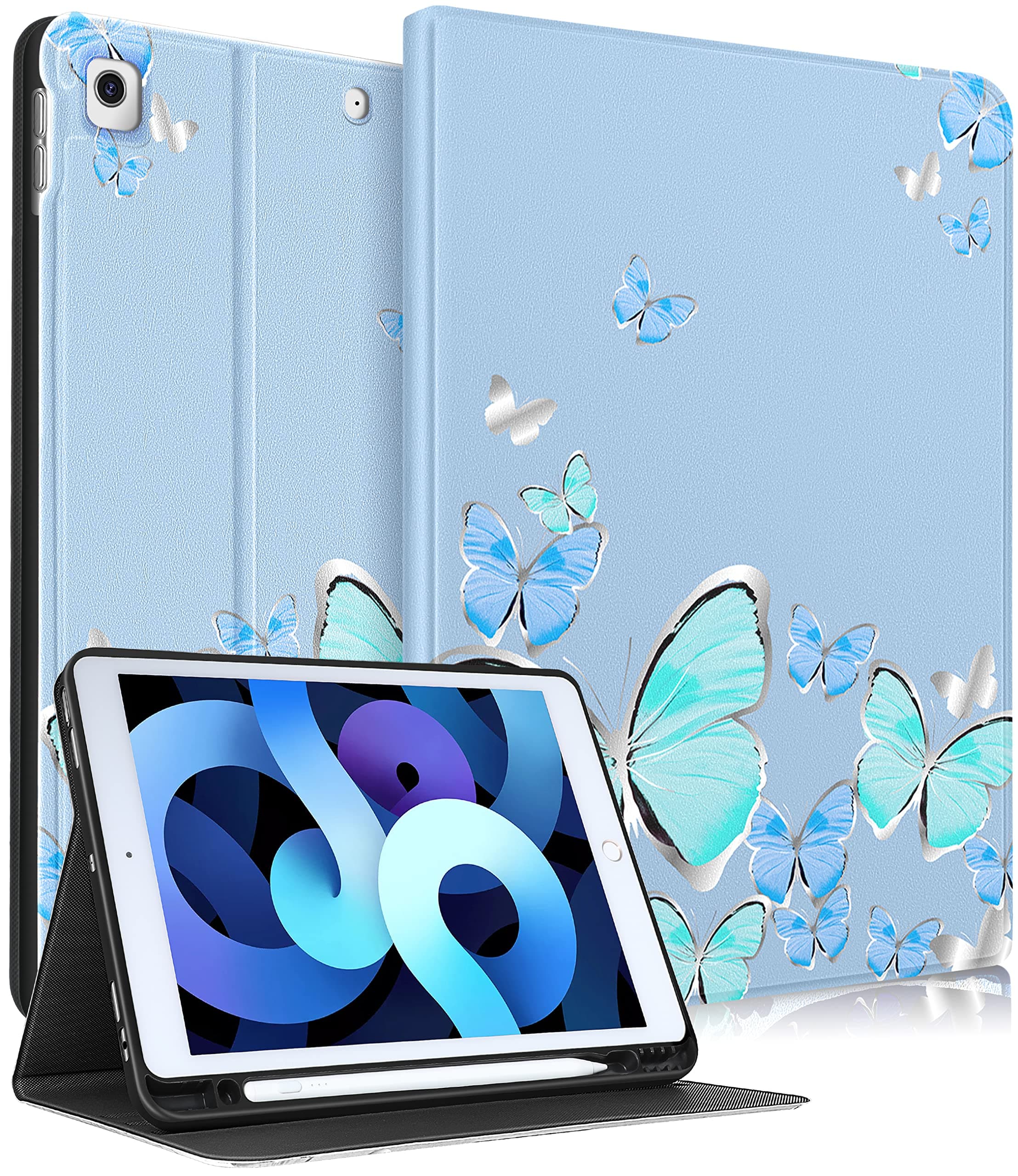 for iPad 9th/8th/7th Generation Case 10.2 Inch Girls Cute Women Folio Smart Cover Pencil Holder Blue Butterfly Aesthetic Design Girly Teens Unique Cases for iPad 7/8/9 Gen A2602 A2270 A2197