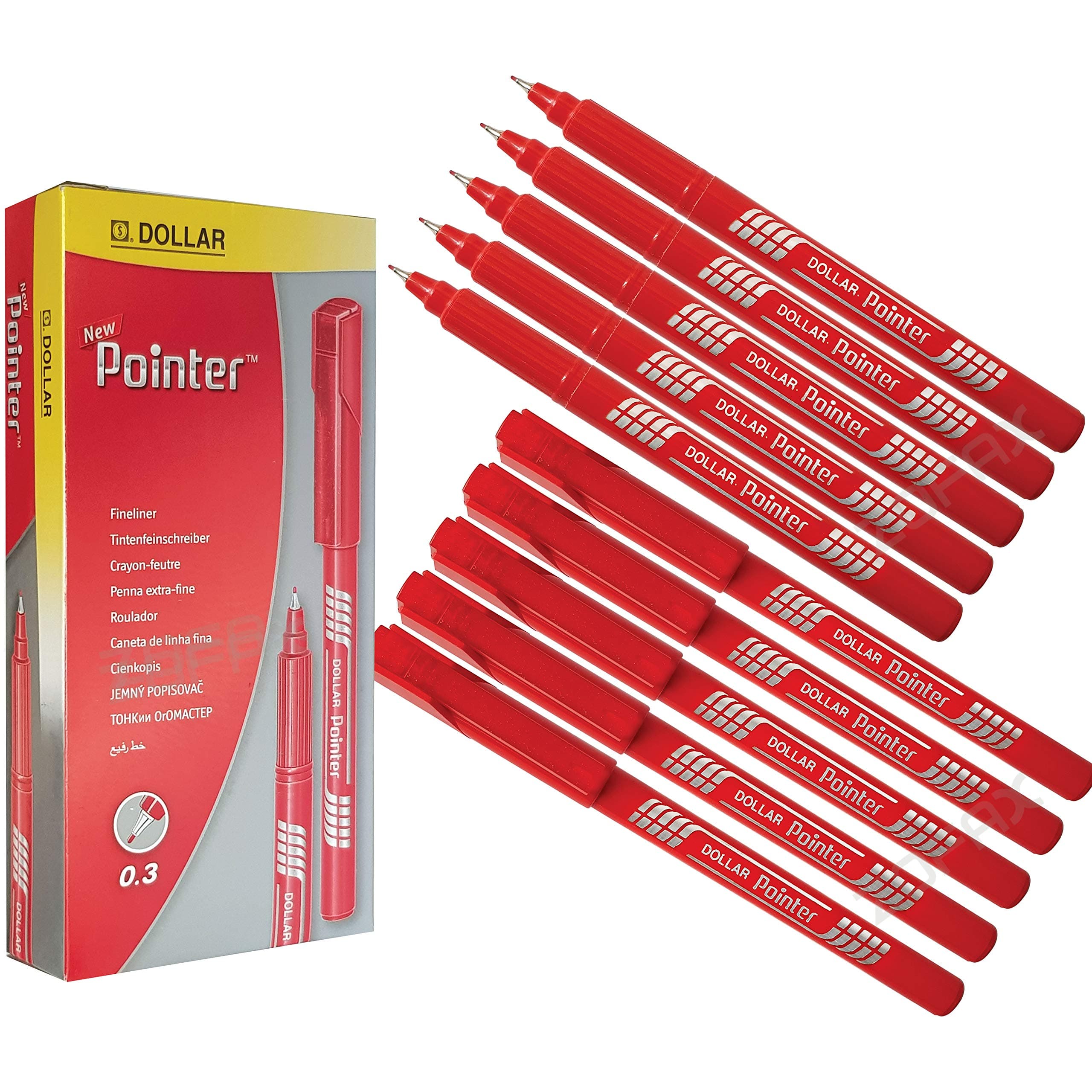 DOLLAR Pointer+ Fineliner Pens Multi Pack Fine Line Draw Write Sketch (10 x 0.3mm RED Pens)