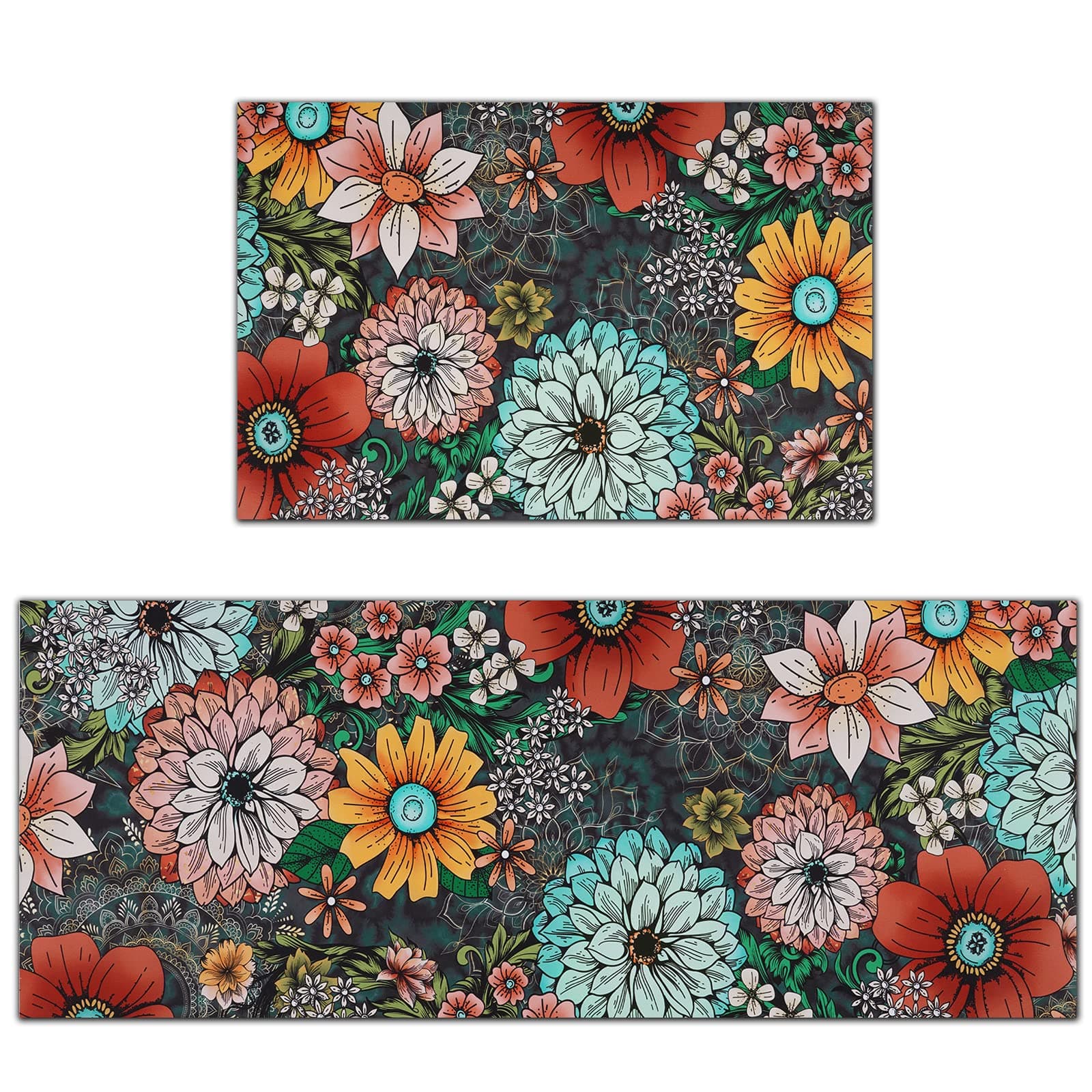 FRAMICS Kitchen Mats Sets 2 Piece, Cushioned Anti Fatigue Kitchen Mats, Washable Kitchen Rugs, Non-Slip Kitchen Floor Mats, Boho Floral Kitchen Rugs, Multicolor, 17.3"x30"+17.3"x47"