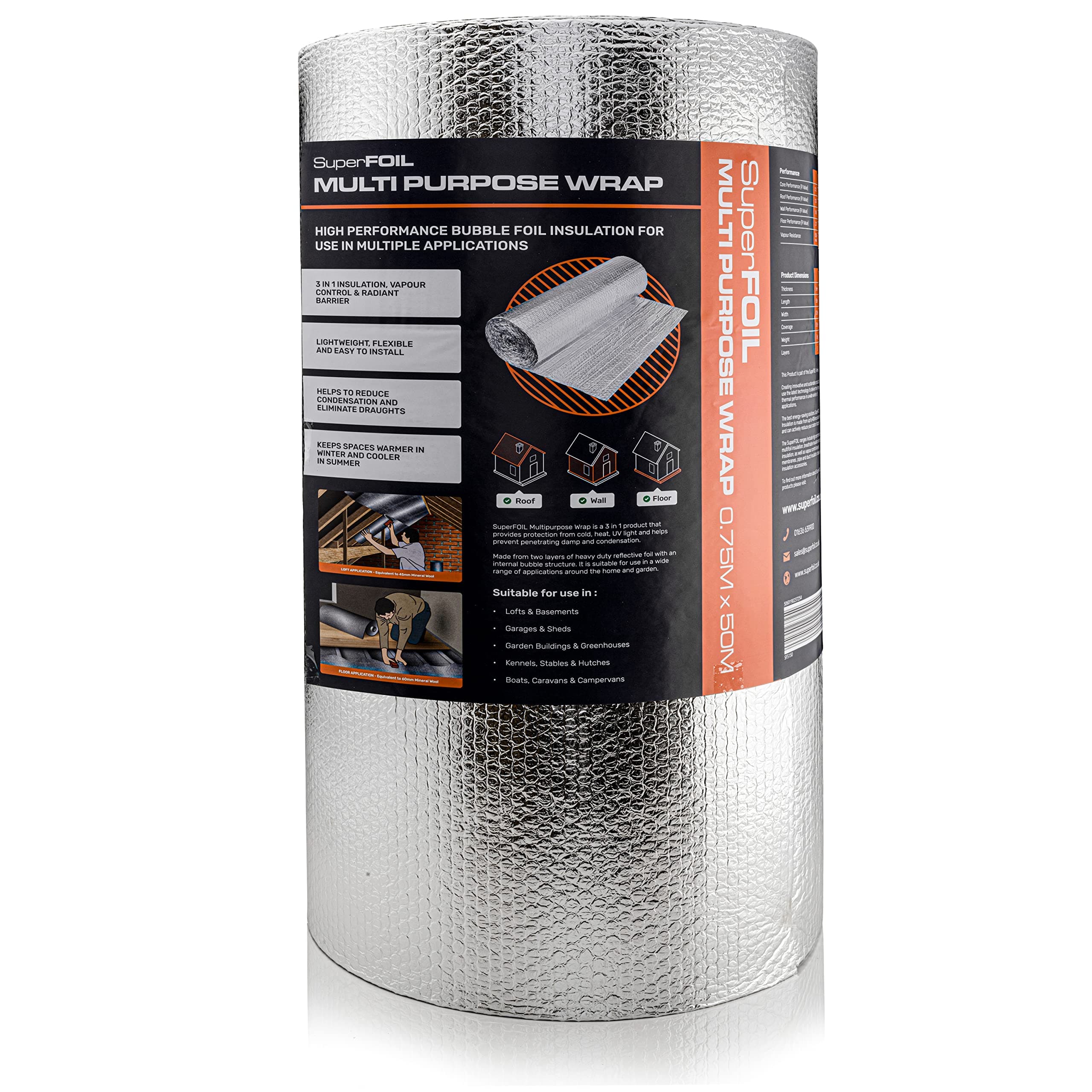 SuperFOIL Foil Insulation Roll - Energy Saving DIY Bubble Foil Sheet - 3-in-1 Sustainable Thermal Insulation Reflective Radiant Barrier & Vapour Barrier (Silver, 0.75m x 50m)