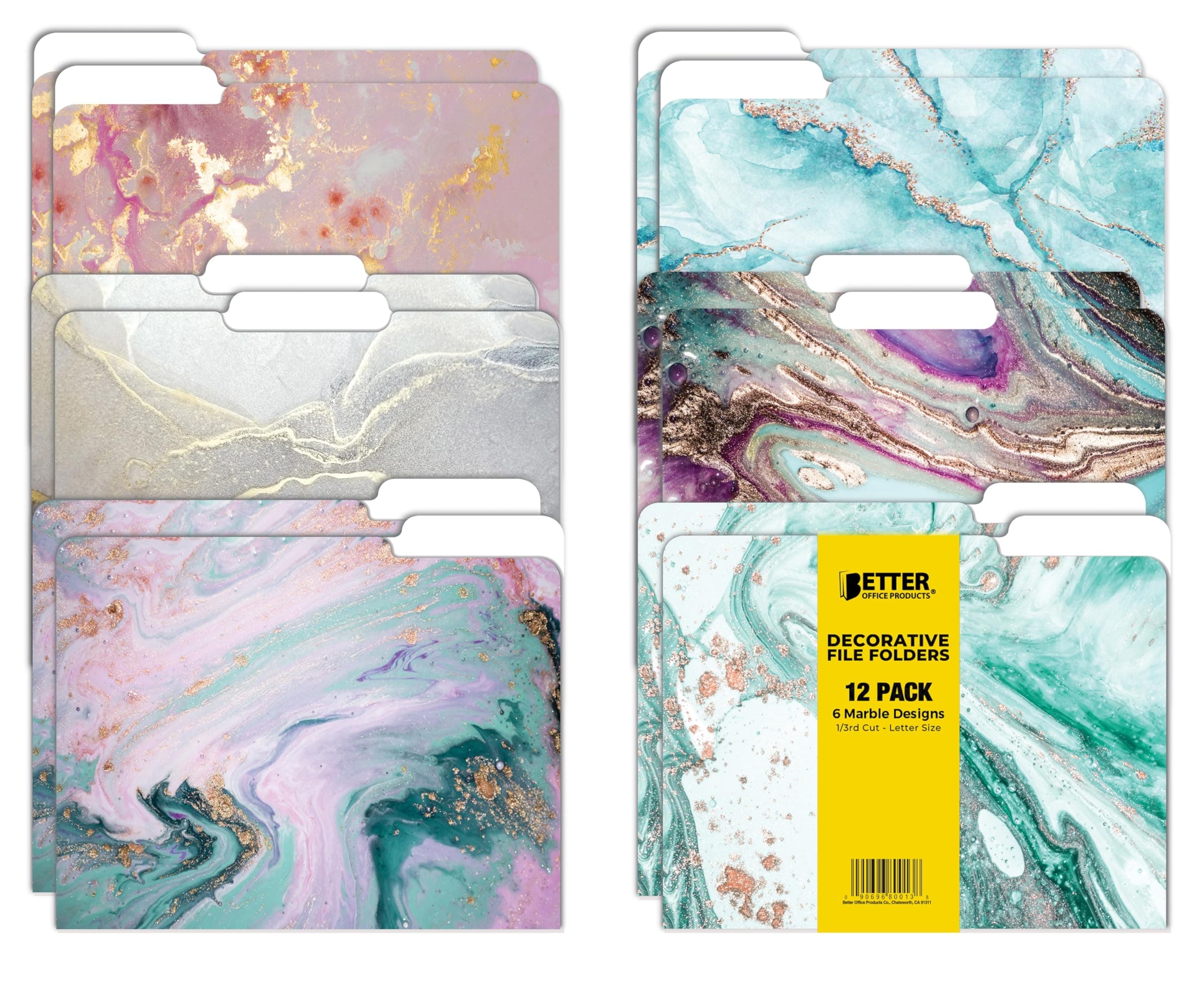 Better Office Products Decorative File Folders, 12 Pack, 6 Designs, Heavyweight, Letter Size (9.5" x 11.5") with 1/3 Cut Tab, Marble Designs, Fashion Folders