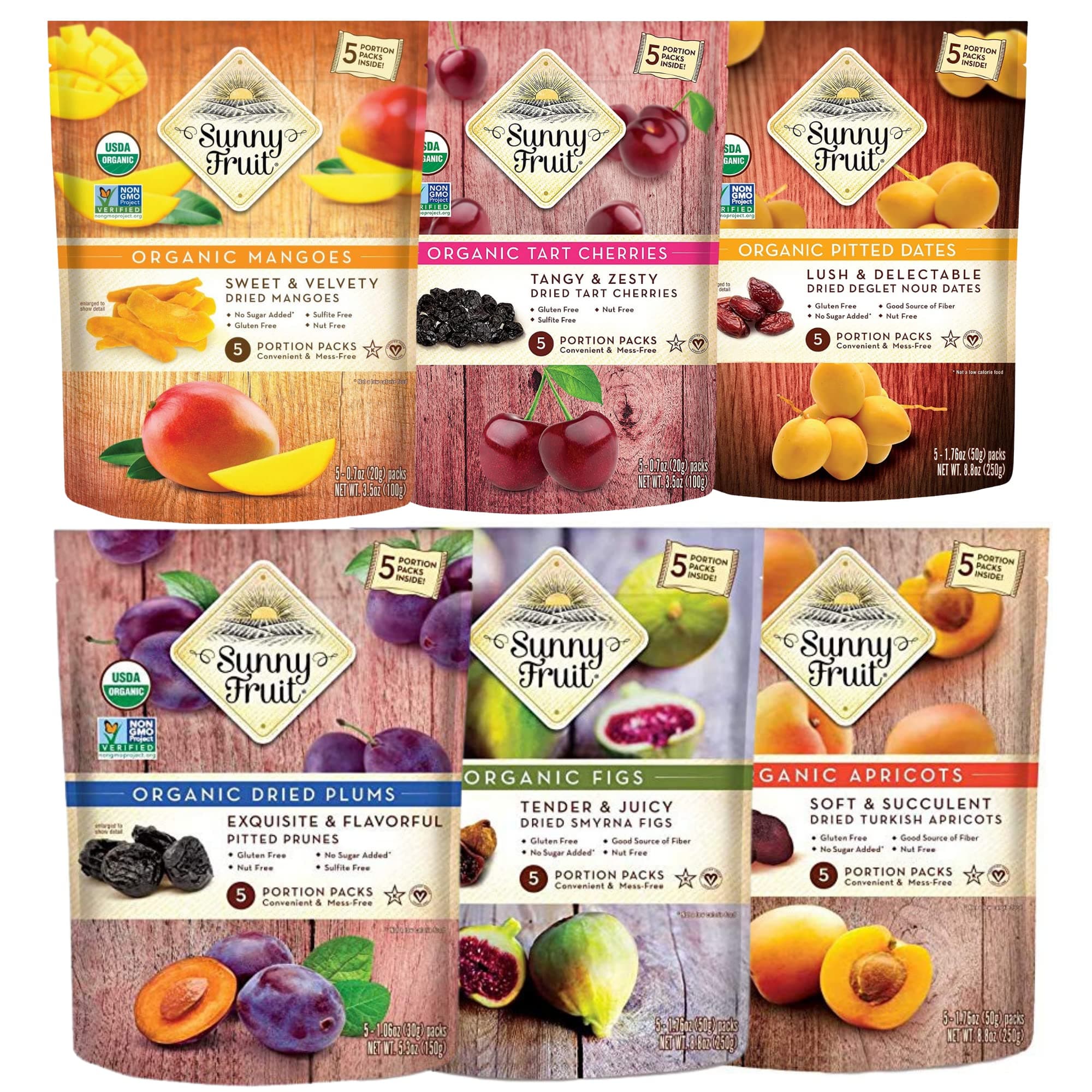 Sunny Fruit Organic Dried Fruit Assortment - Figs, Apricots, Dates, Mango, Cherries & Prunes Variety, 6 Bags (30 Individual Portion Packs) | NON-GMO, HALAL, KOSHER, NO PRESERVATIVES, NO SUGAR ADDED