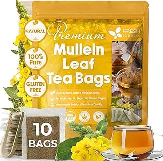 FreshDrinkUS, Premium 10 Mullein Leaf Tea Bags for Lungs, 100% Natural & Pure Mullein Leaves. Mullein Herbal Tea. Made with Natural Material Tea Bags. No Sugar, No Caffeine, No Gluten, Vegan.