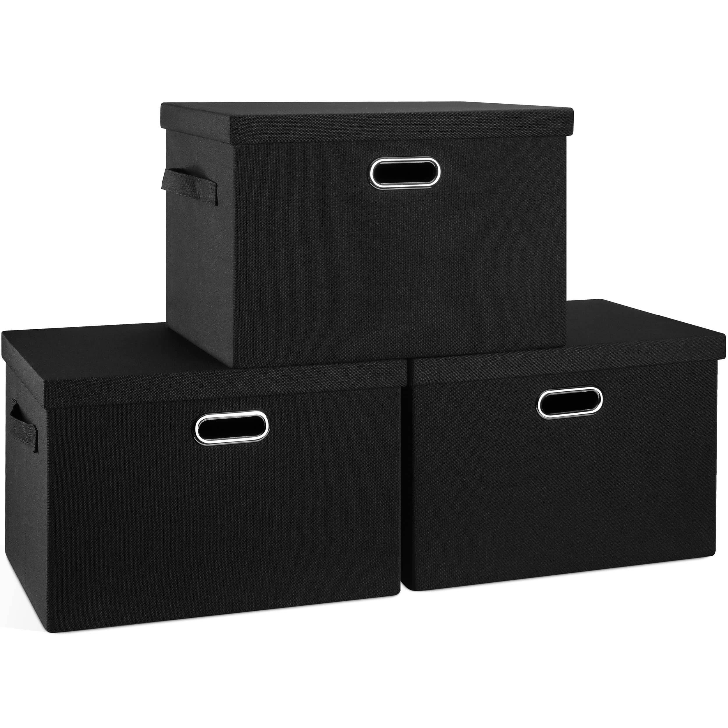 Large 17" 36 Quart Collapsible Stackable Storage Bins with Lids, 3 Packs Black Linen Fabric Closet Boxes with Lids, Storage Cube Baskets Container Organizers for Bedroom Office(17 x12 x11)