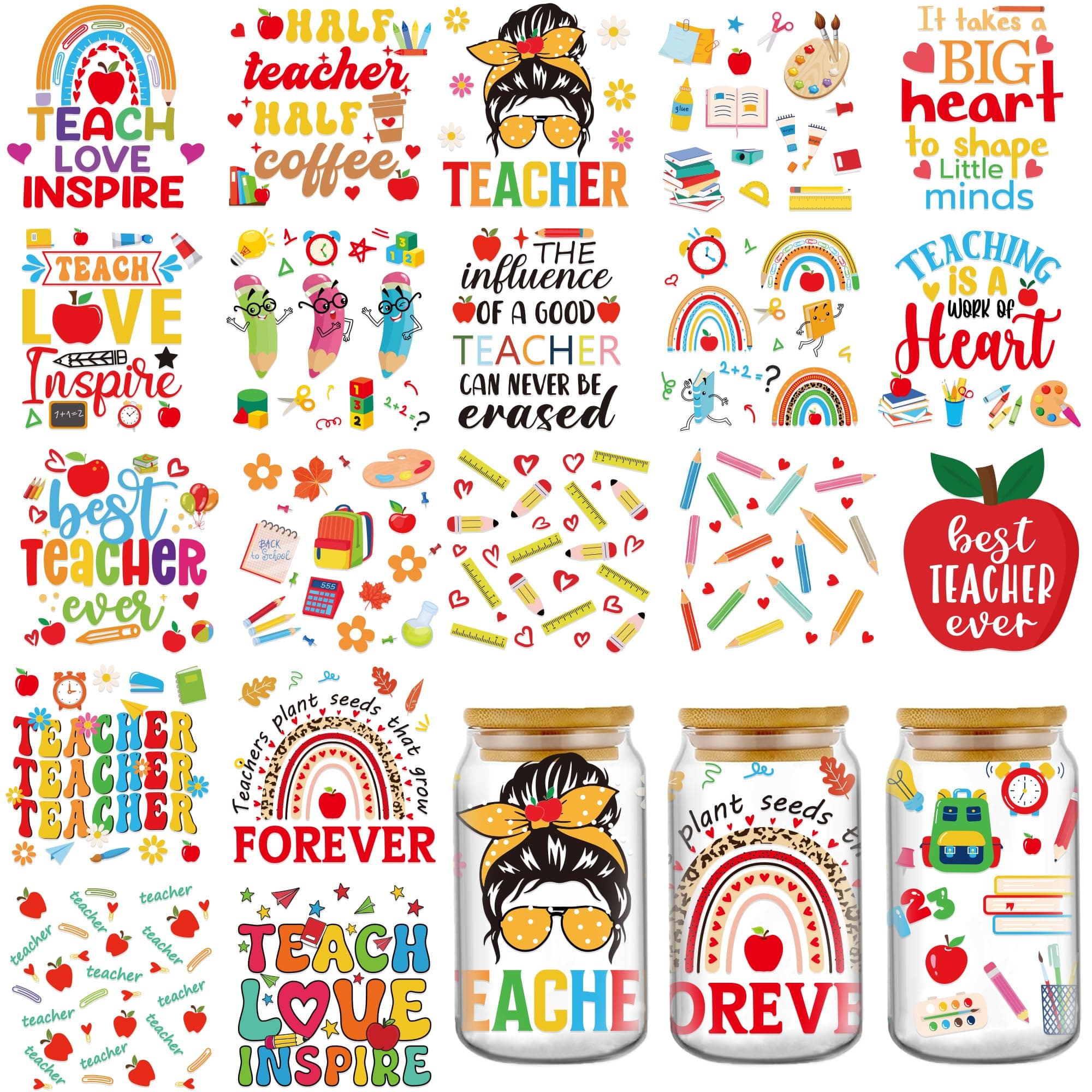 AFRITEE UV DTF Cup Wrap Stickers - 20 Sheets Teacher Appreciation UV DTF Cup Wraps for 16 20 40 oz Glass Water Bottle, Inspirational Book Thank You Teacher Gift Uvdtf Transfer Stickers for Coffee Mugs