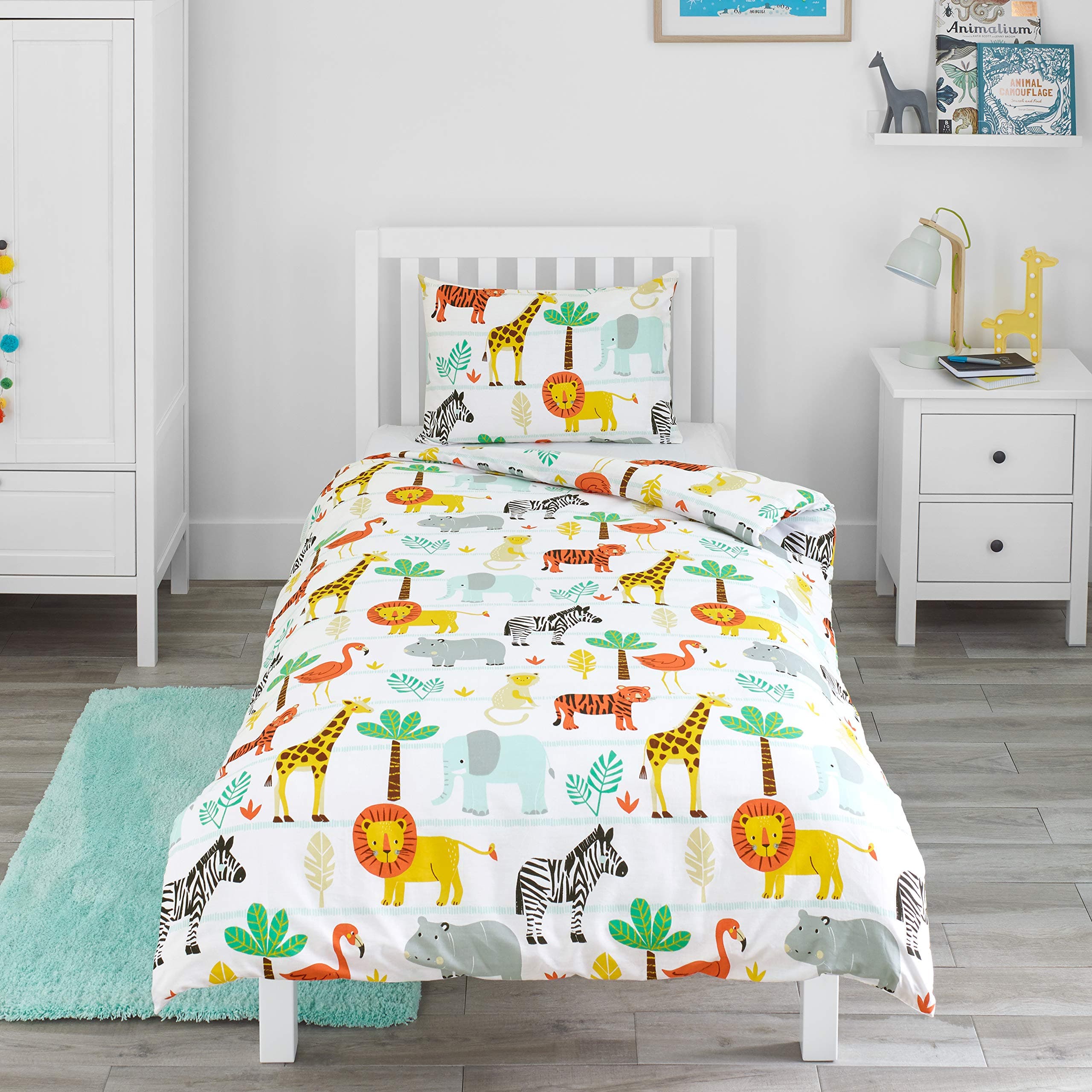 Kids Single Duvet Cover Set - Childrens Single Bedding for Boys and Girls - Safari Adventure - Jungle Animals Single Bed Duvet Cover Set with Pillow Case - 135x200cm