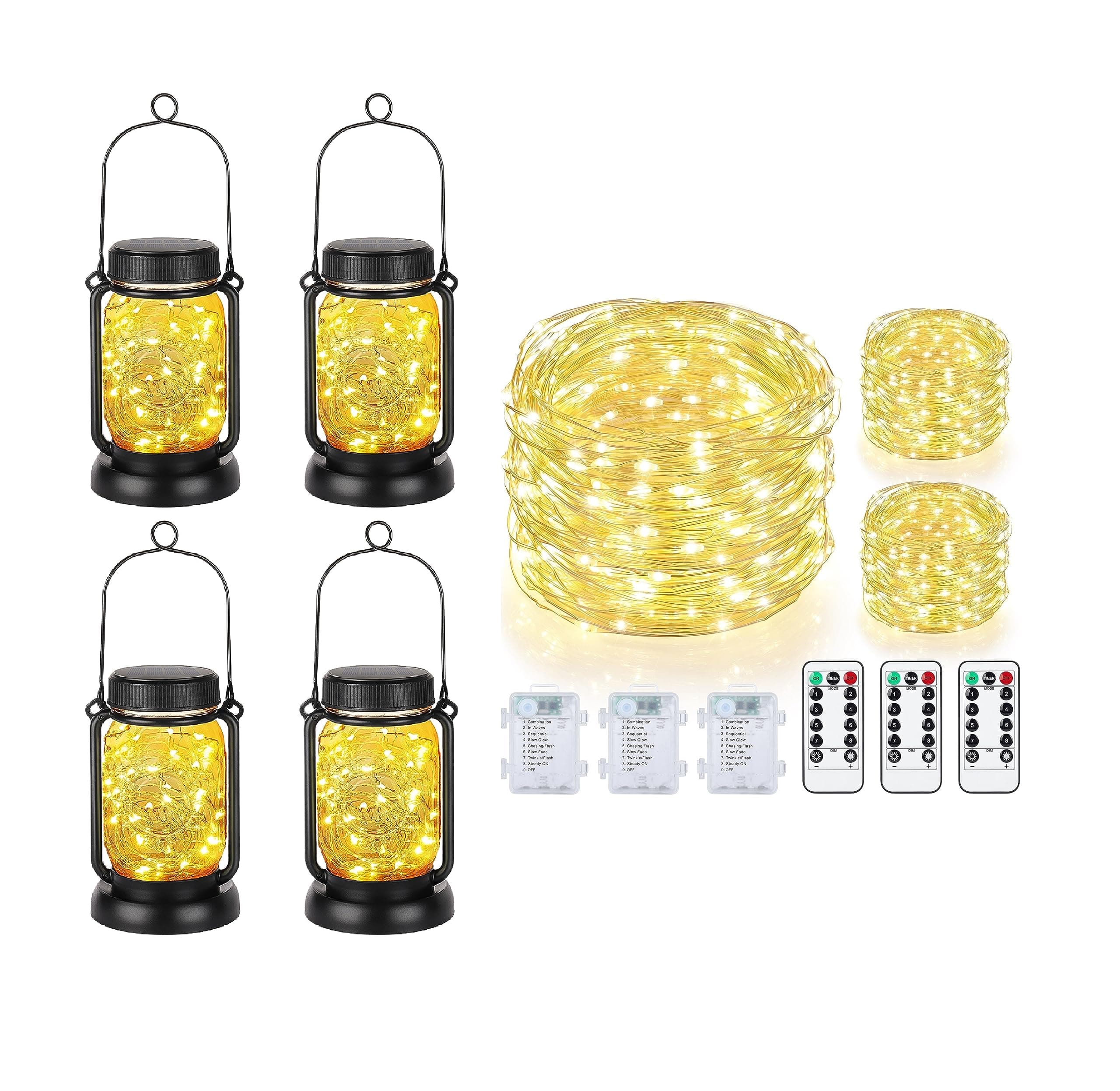 Mlambert 4 Pack Solar Hanging Mason Jar Lights with Stakes Bundle with 3 Pack 33FT Fairy String Lights Battery Operated with Remote and Timer