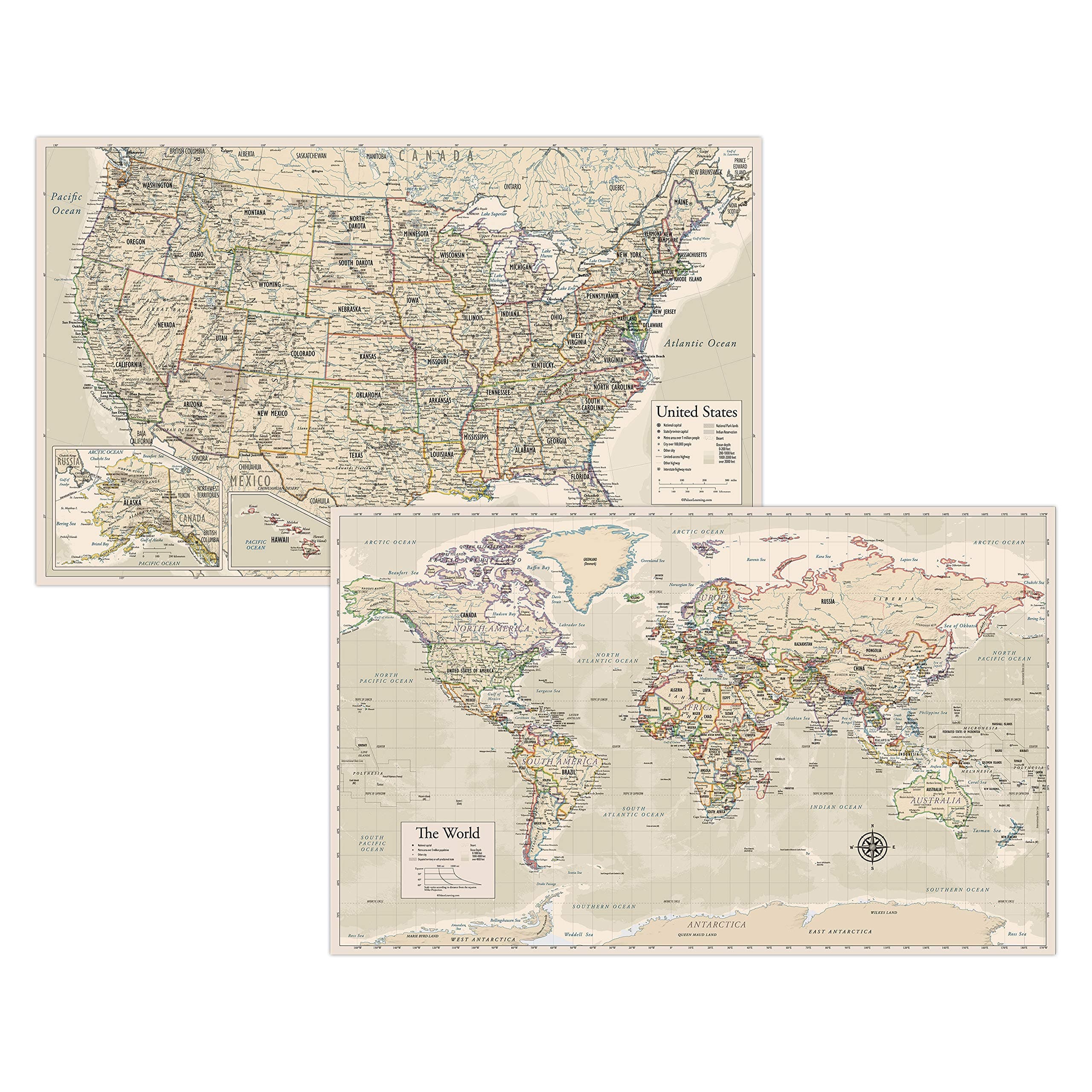 Palace Learning Antique Laminated World Map & US Map Poster Set - 18" x 29" - Wall Chart Maps of The World & United States - Made in The USA - Updated for 2020 (Laminated, 18" x 29")
