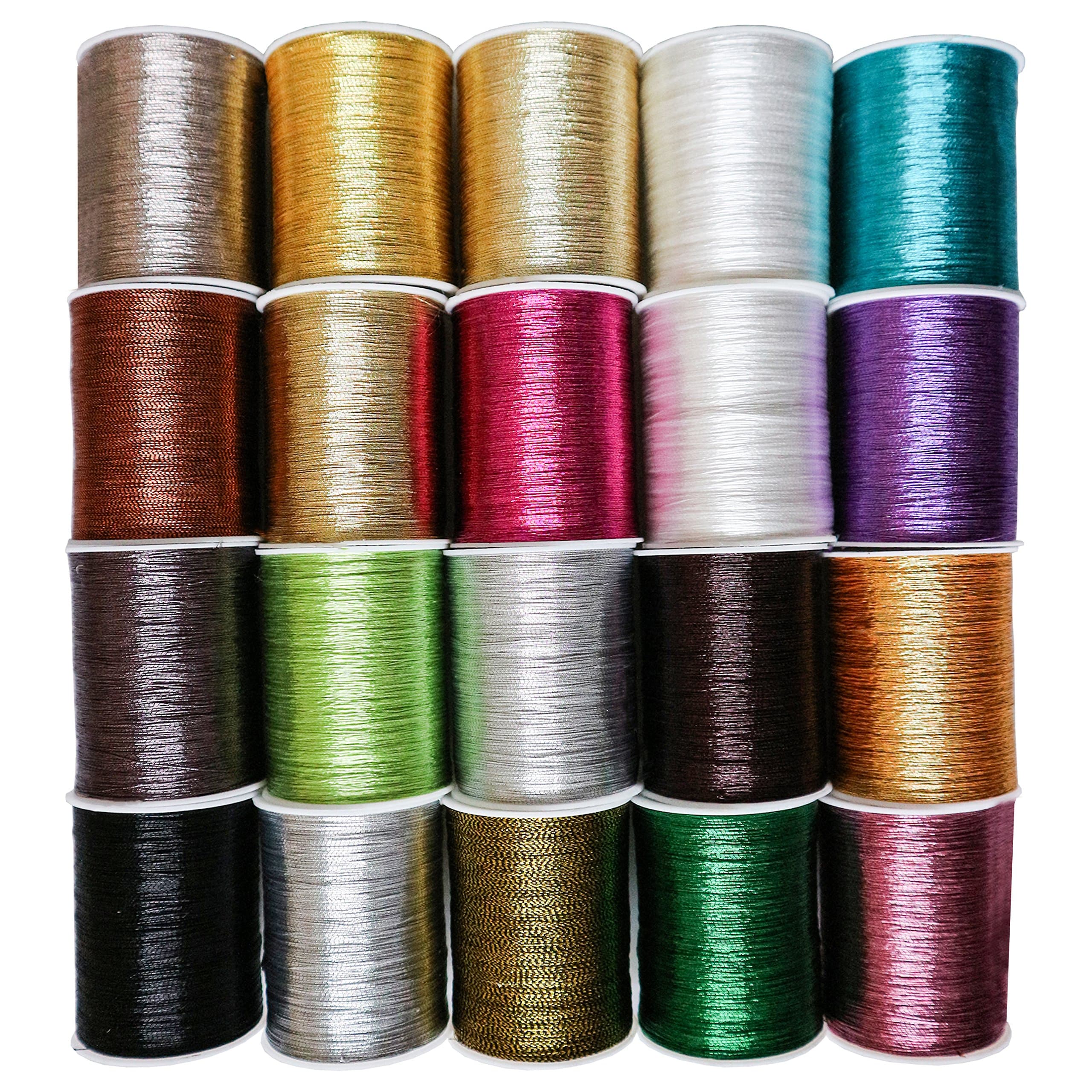 Metallic Embroidery Threads (20 Spools) - 50 Metre per Spool Glittery Polyester Threads in Assorted Colors Ideal for Embroidery - Perfect for Beginners or Professionals
