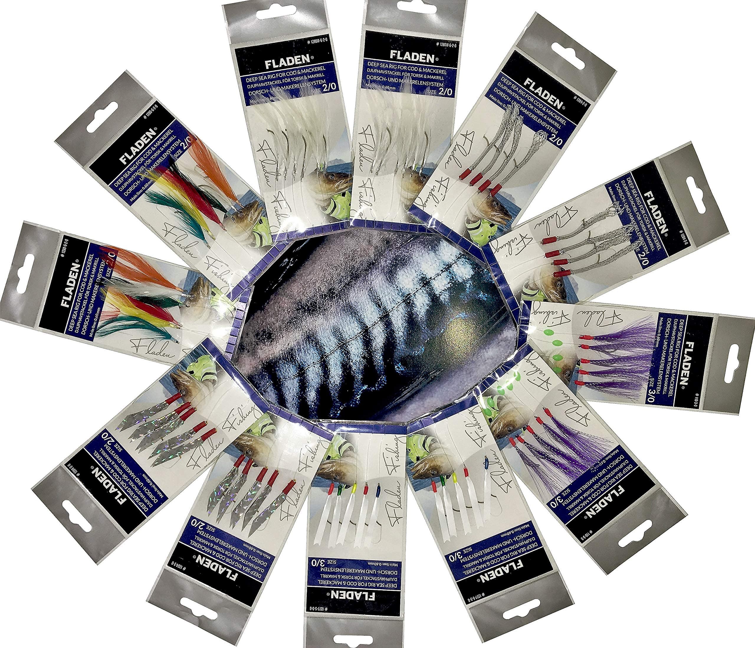 FLADEN Fishing - 12 (2 x 6 Styles) Assorted Classic Ready to Use Tied Boat Sea and Shore Feather Lure Rig Range for Cod Herring and Mackerel on a Backing Card [17-ASST01]