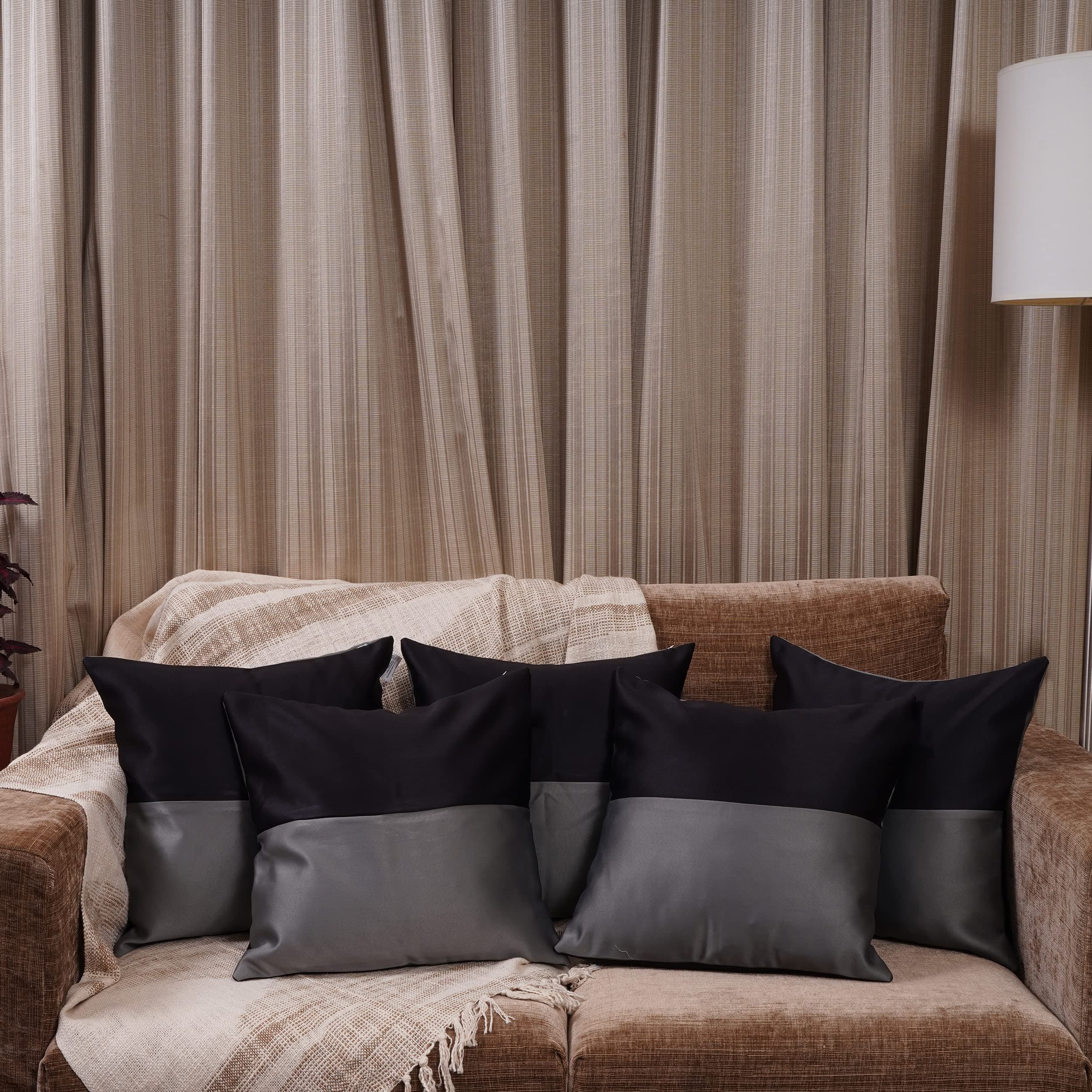 HOMEMONDE Throw Cushion Covers Solid Decorative Poly Satin Pillow Cover for Bedroom, 12X12 Inch, Black & Grey, Pack of 5