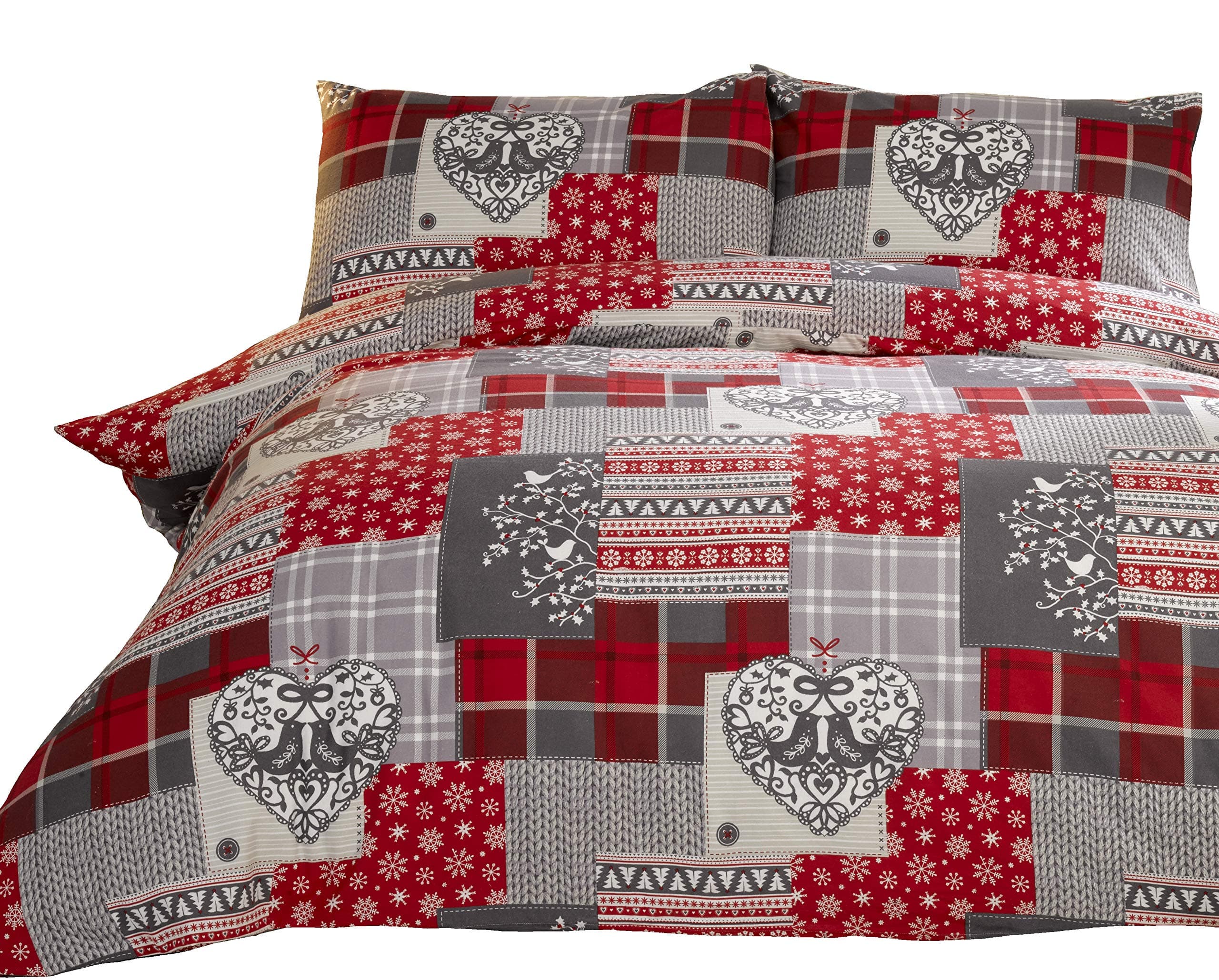 Bedding Heaven ALPINE PATCHWORK Flannelette Duvet Cover Set, Checked Brushed Cotton Quilt Cover Set. Red and Grey. Single, Double, King Size, Super King. (Single)