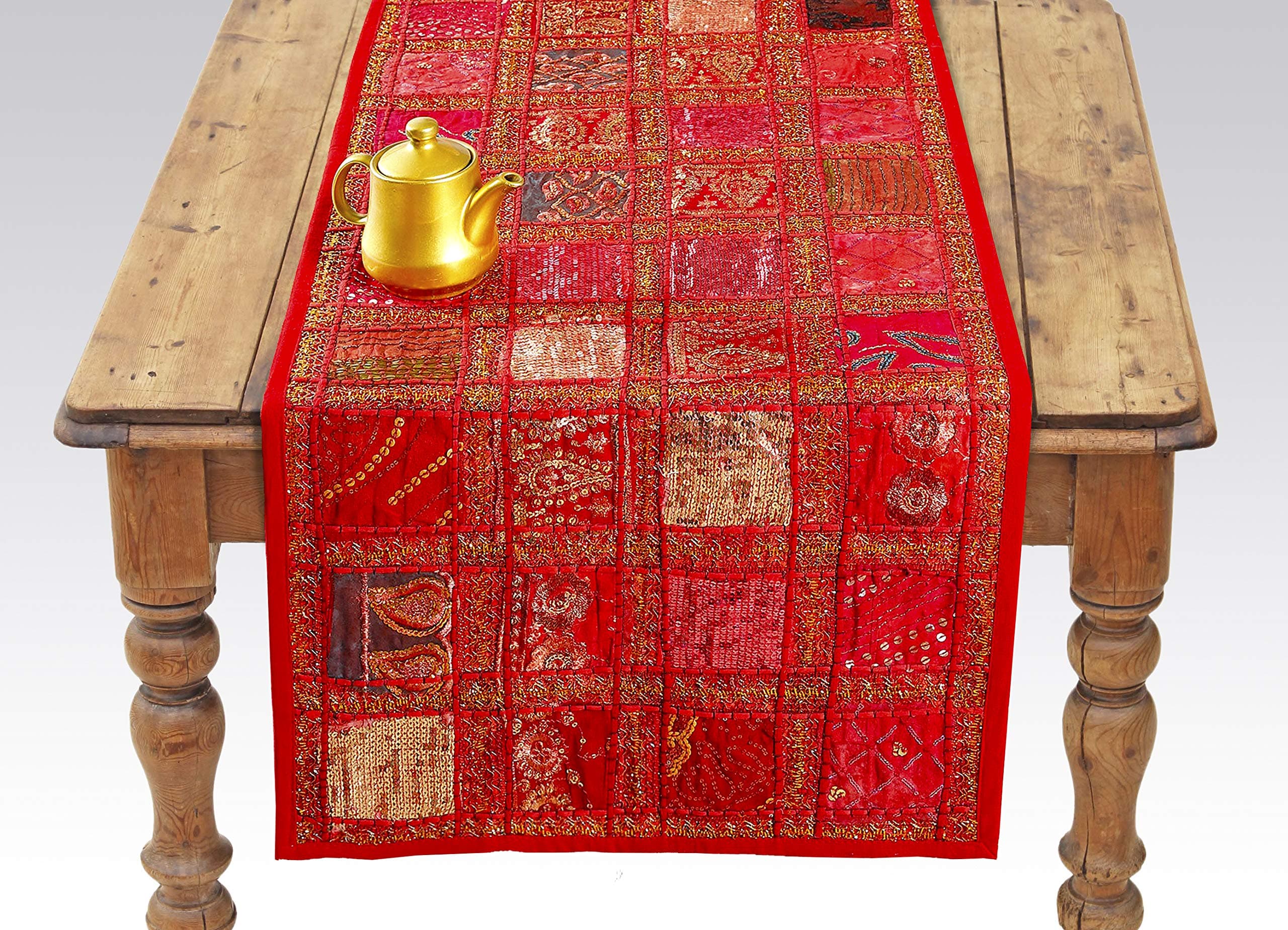 Bohemian Hippie Patchwork Table Runner (18 X 58 inches) | Embroidered Sequin, Cotton Boho Table Runner | Indian Tapestry Wall Hanging for Decoration, Hot Mat | Heat Resistant Table Mat Coaster - Red