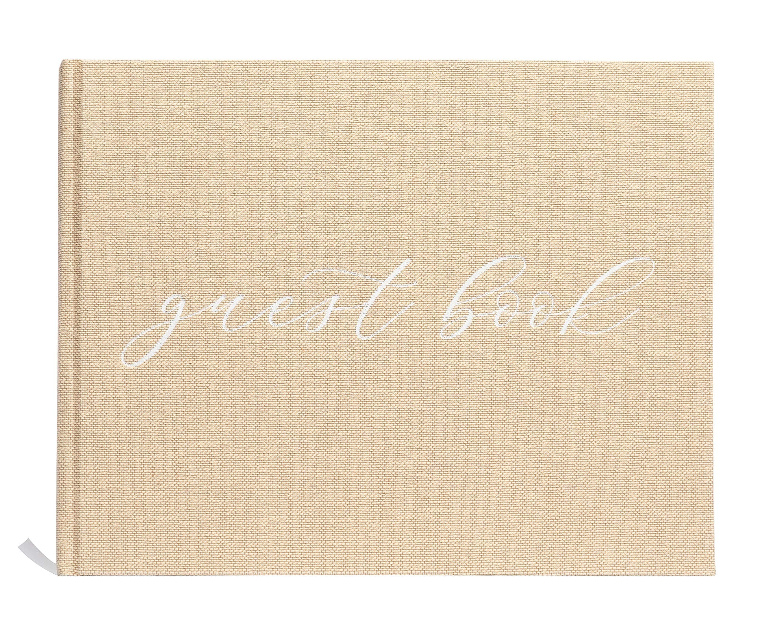 Pearhead Linen Beige Wedding Guest Book with White Script, Elegant Wedding, Rustic Simple Décor, Bridal Shower Gift, Ivory